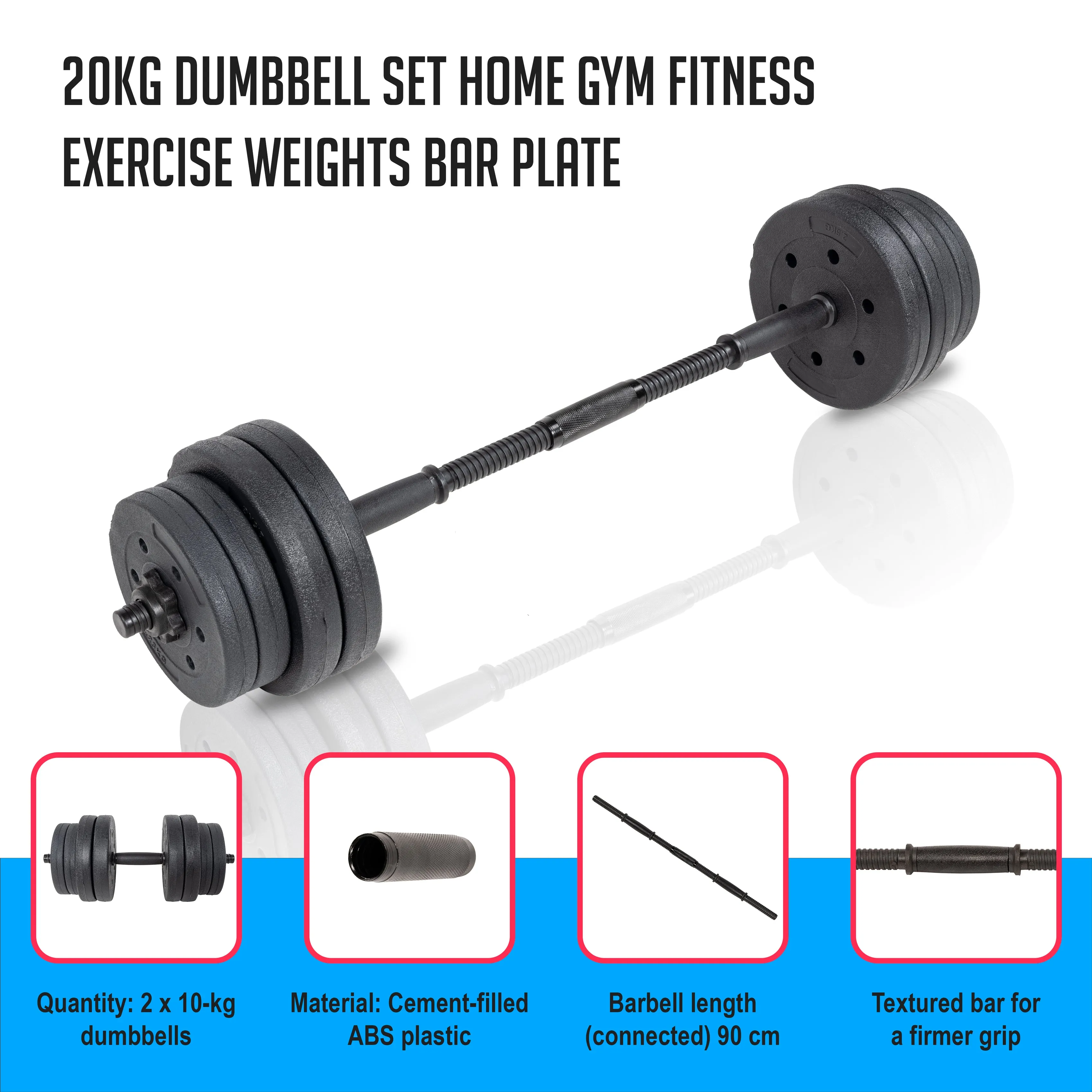 20kg Cement-Filled ABS Dumbbell Set, Adjustable Weights