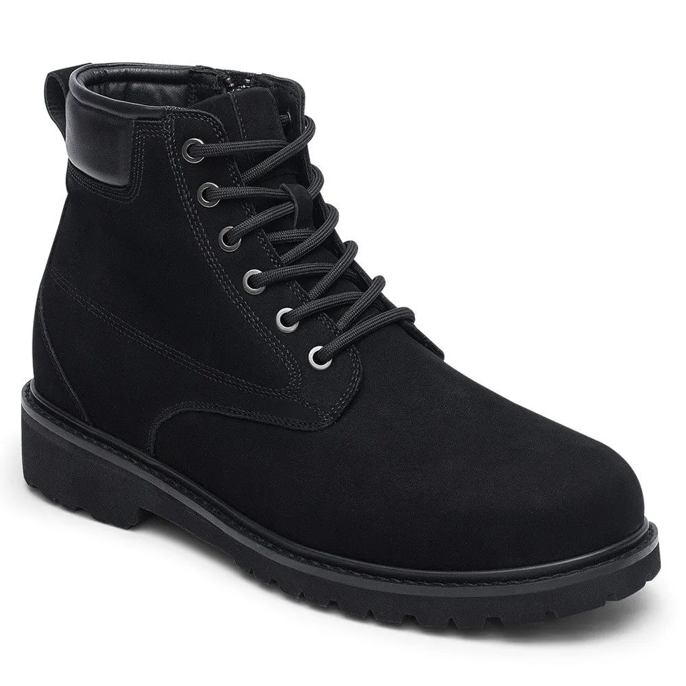 7CM / 2.76 Inches Men's CMR CHAMARIPA Elevator Boots - Black Nubuck Leather High Heel Boots