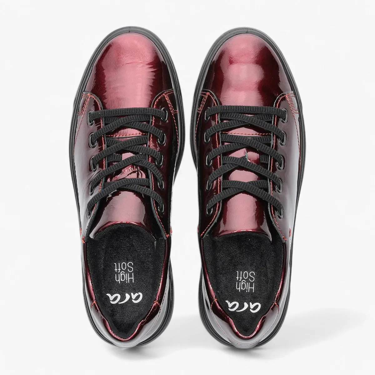 Ara Red Patent Trainer Style Shoe with Black Laces & Platform Sole - Wide Fit, Comfort Focused