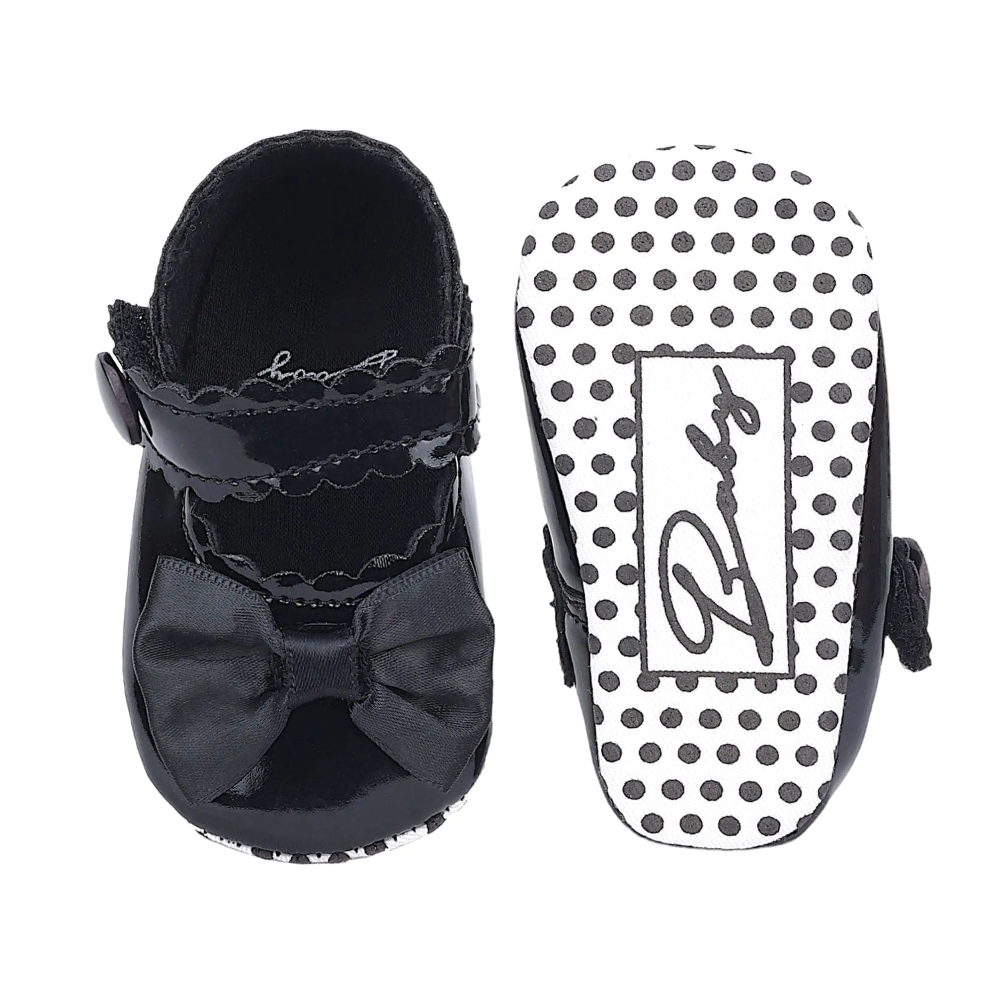 Baby Moo Bow Velcro Strap Patent Leather Anti-Skid Ballerina Booties - Black