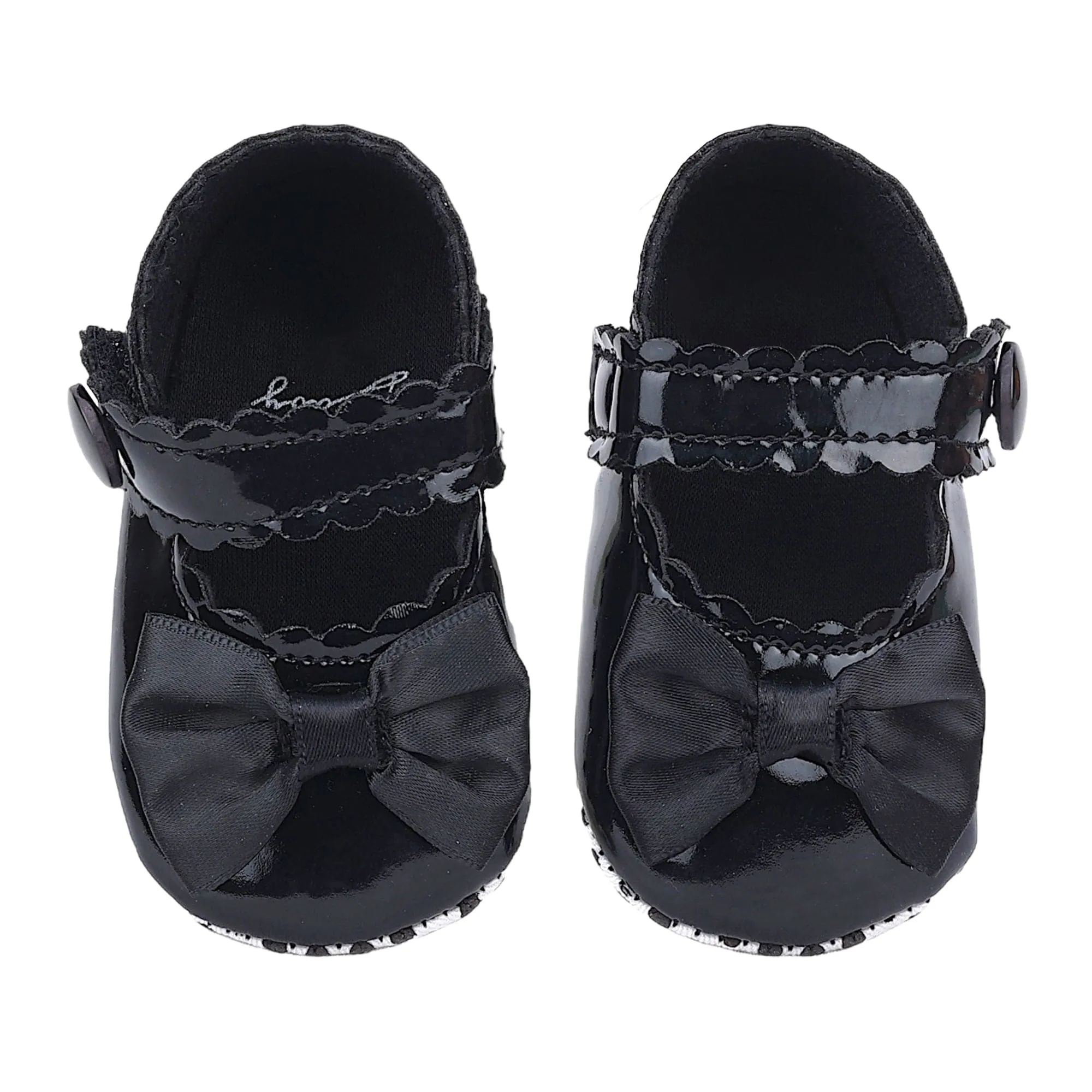 Baby Moo Bow Velcro Strap Patent Leather Anti-Skid Ballerina Booties - Black