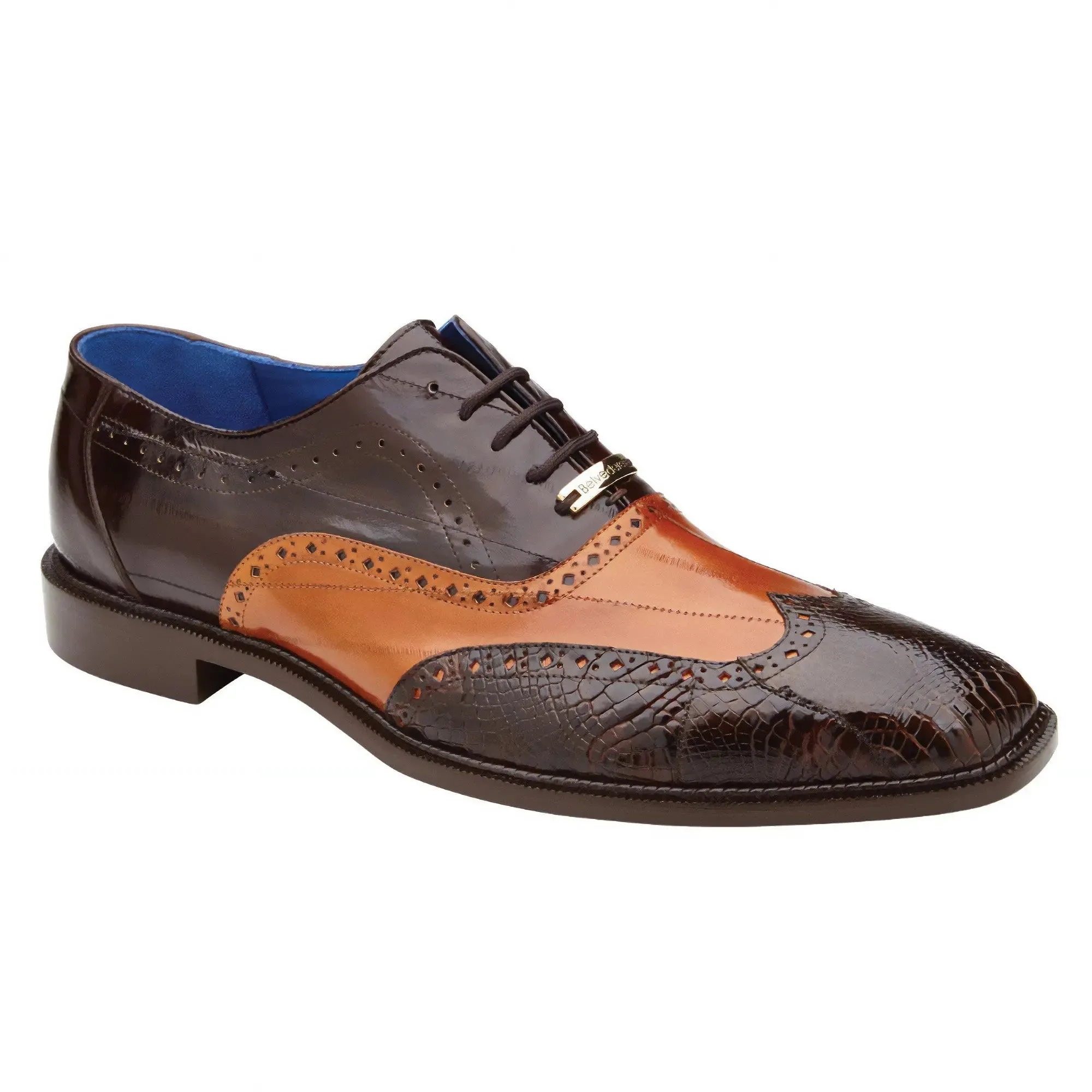 Belvedere Varo in Chocolate / Antique Tan Genuine Eel & American Alligator Wingtip Oxfords