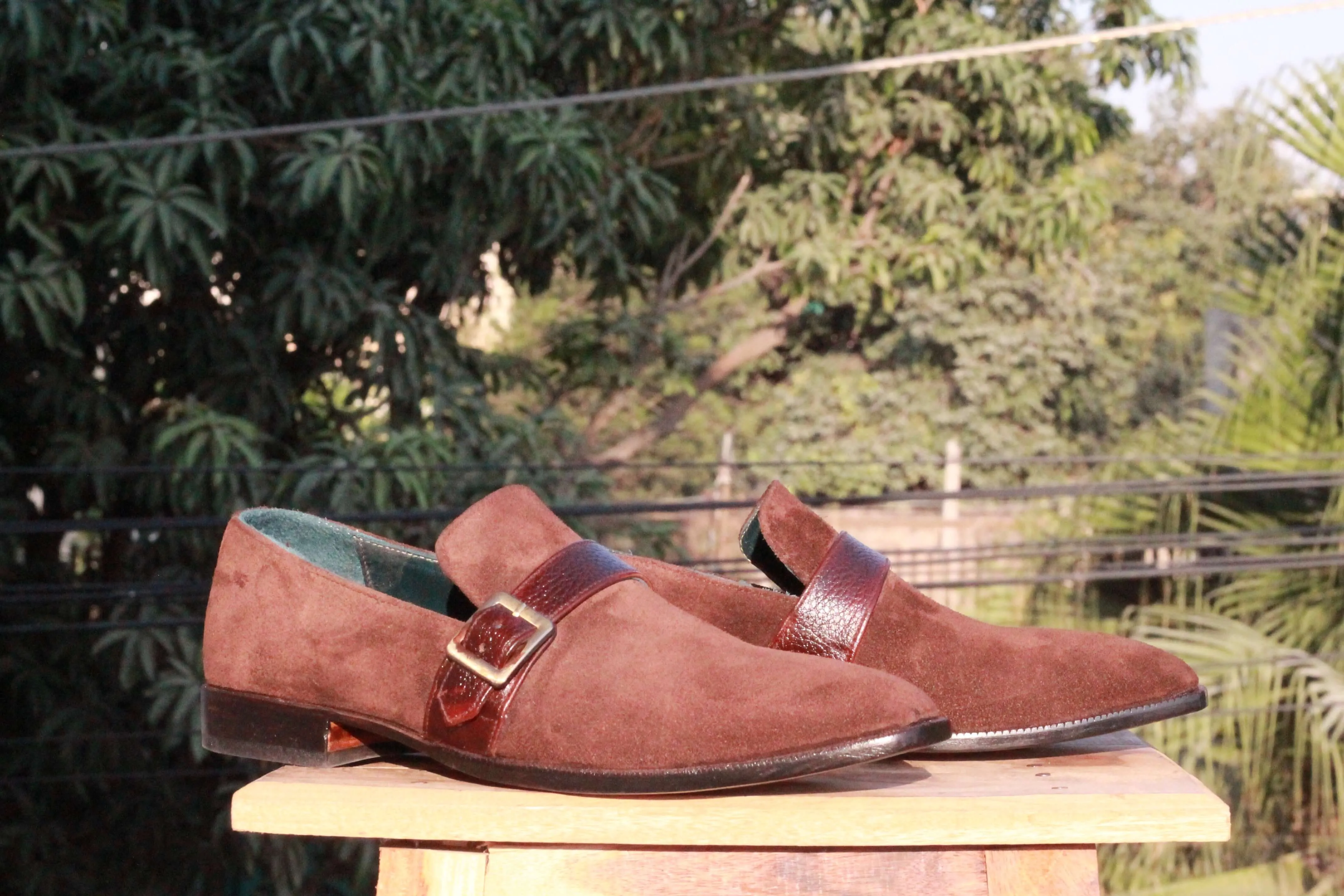 Bespoke Burgundy Suede Monk Strap Shoe for Men