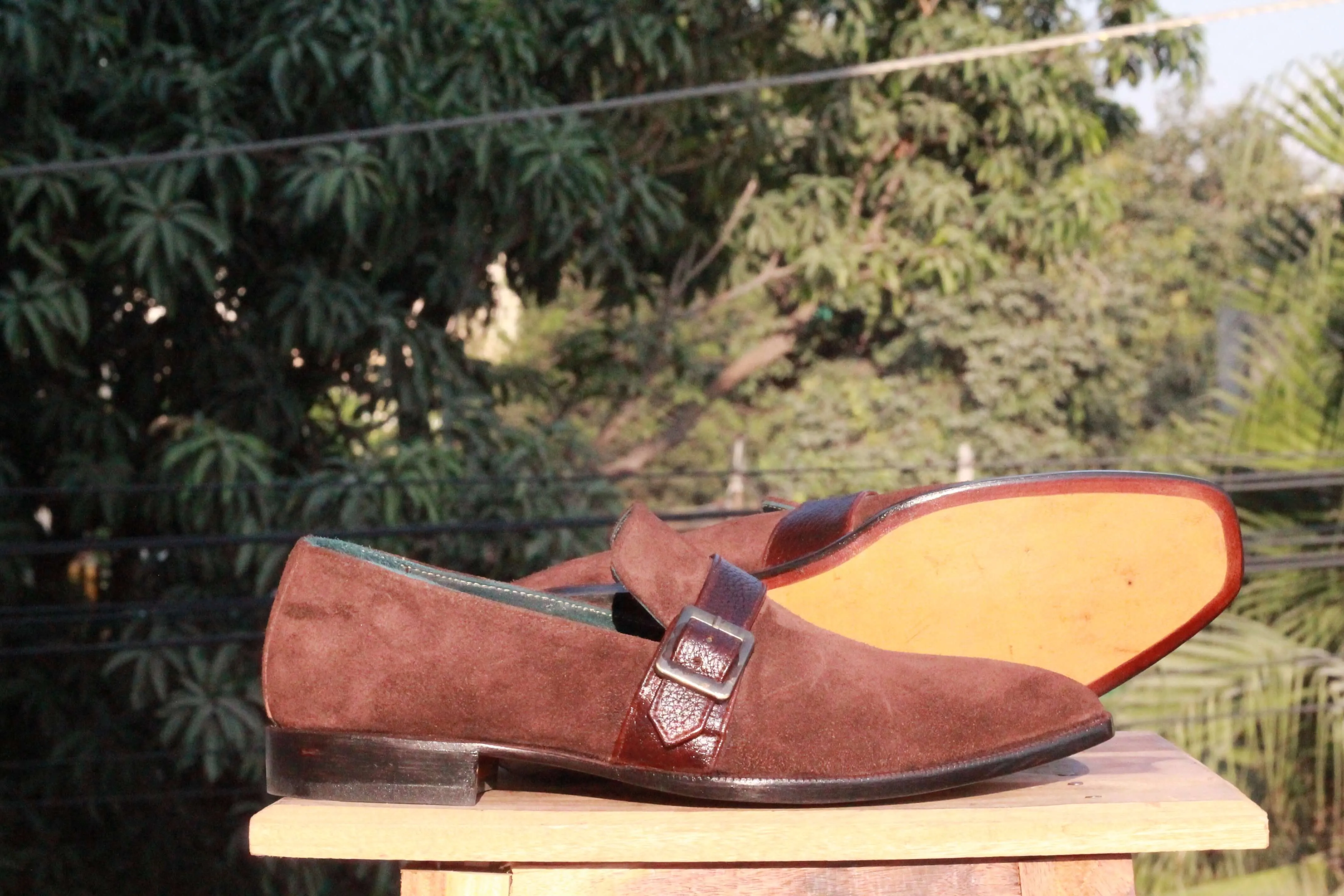 Bespoke Burgundy Suede Monk Strap Shoe for Men