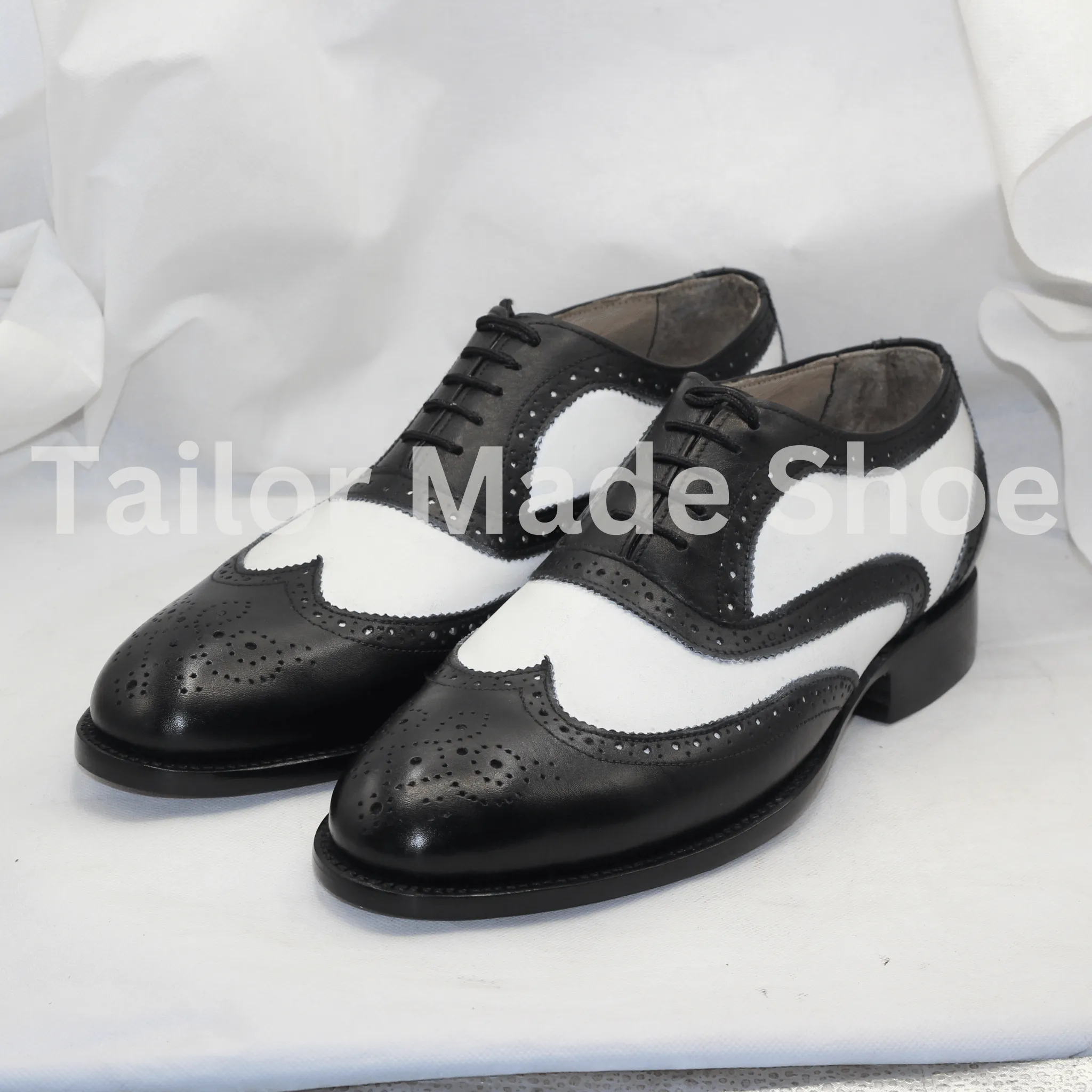 Bespoke Men Handmade Black & White Colour Pure Leather Wing Tip Brogue Lace Up Oxford Shoes, Wingtip Shoes, Event Shoes Wedding Shoes