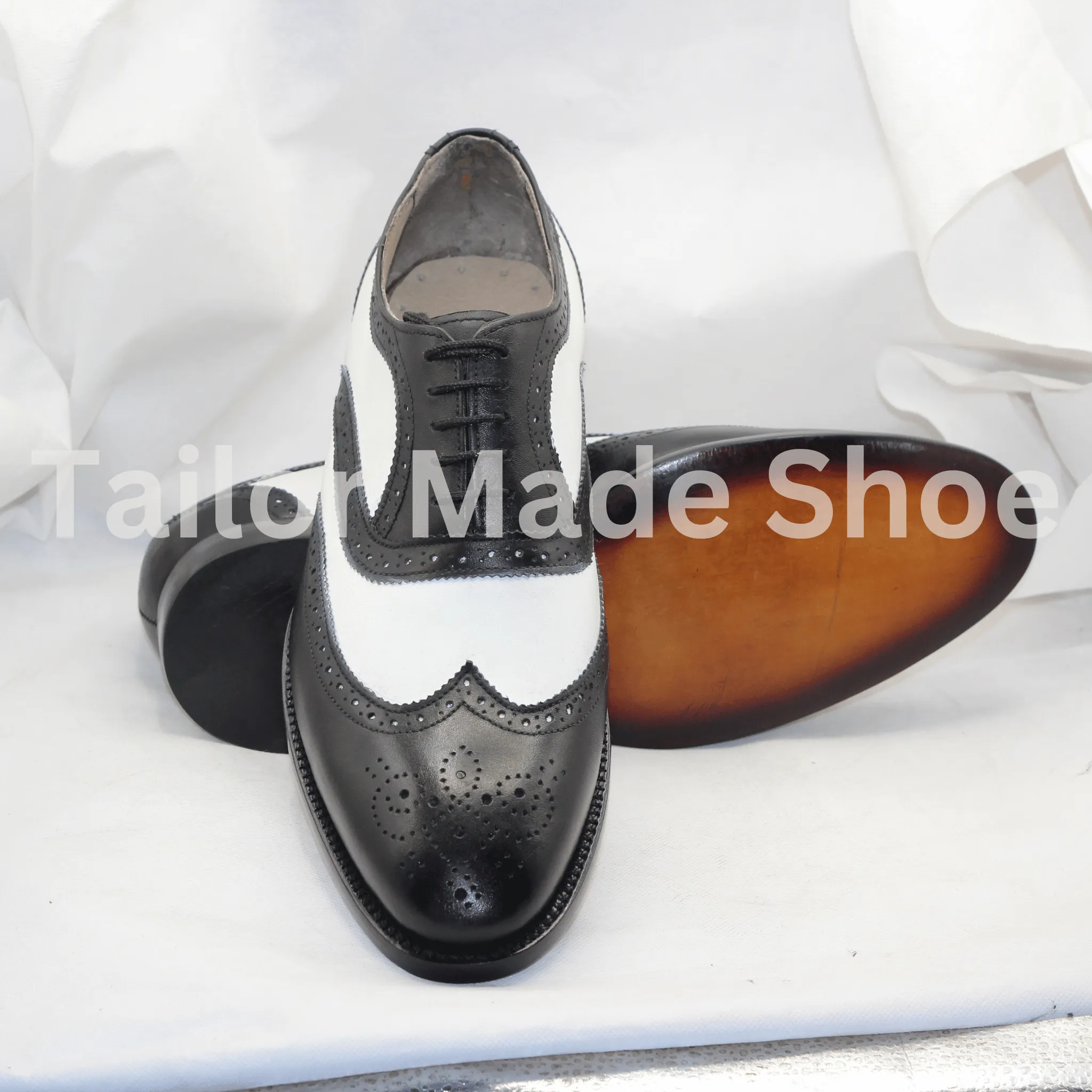 Bespoke Men Handmade Black & White Colour Pure Leather Wing Tip Brogue Lace Up Oxford Shoes, Wingtip Shoes, Event Shoes Wedding Shoes