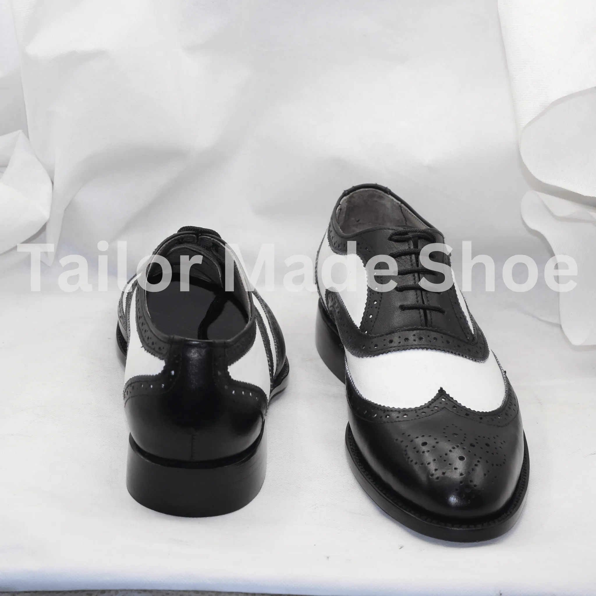 Bespoke Men Handmade Black & White Colour Pure Leather Wing Tip Brogue Lace Up Oxford Shoes, Wingtip Shoes, Event Shoes Wedding Shoes