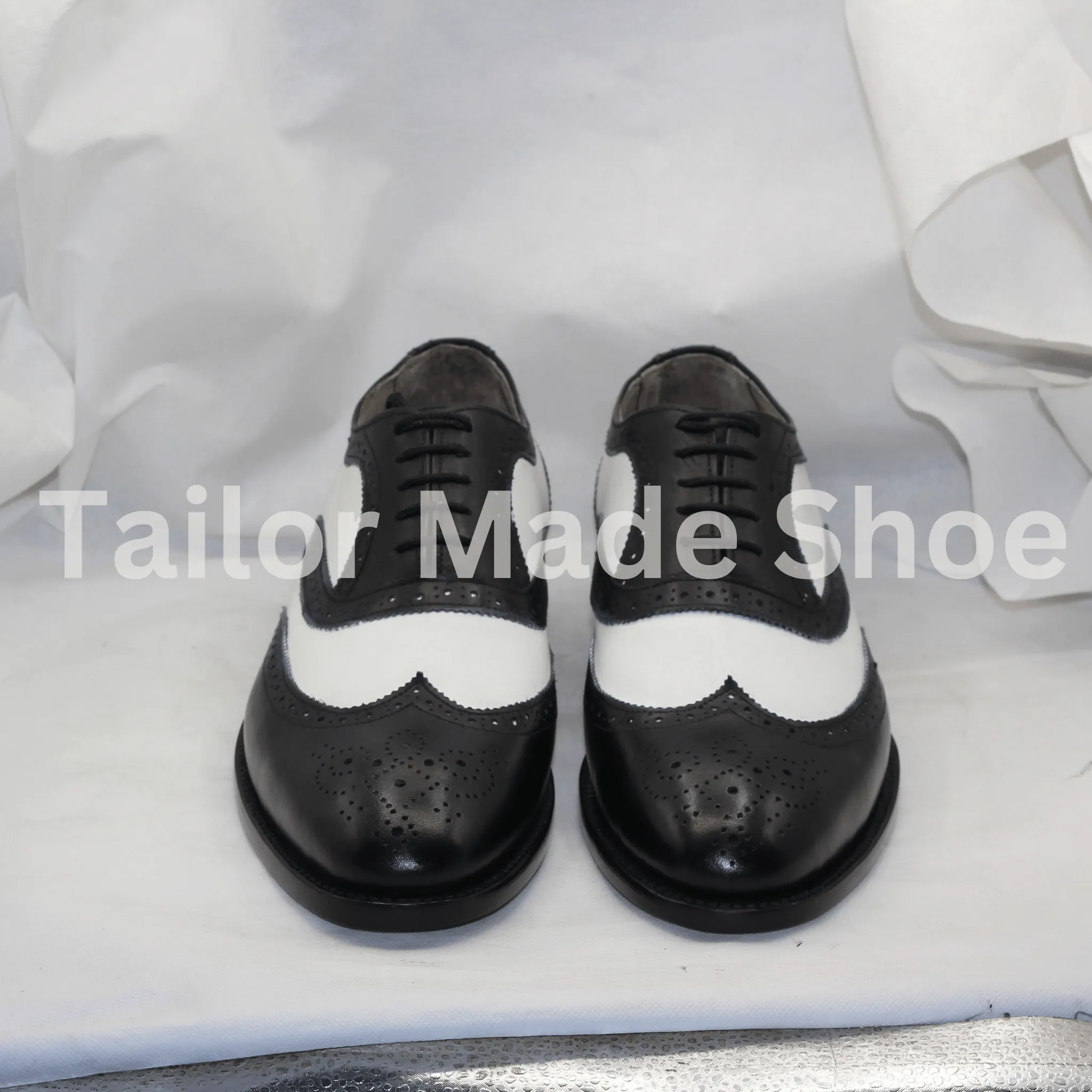 Bespoke Men Handmade Black & White Colour Pure Leather Wing Tip Brogue Lace Up Oxford Shoes, Wingtip Shoes, Event Shoes Wedding Shoes