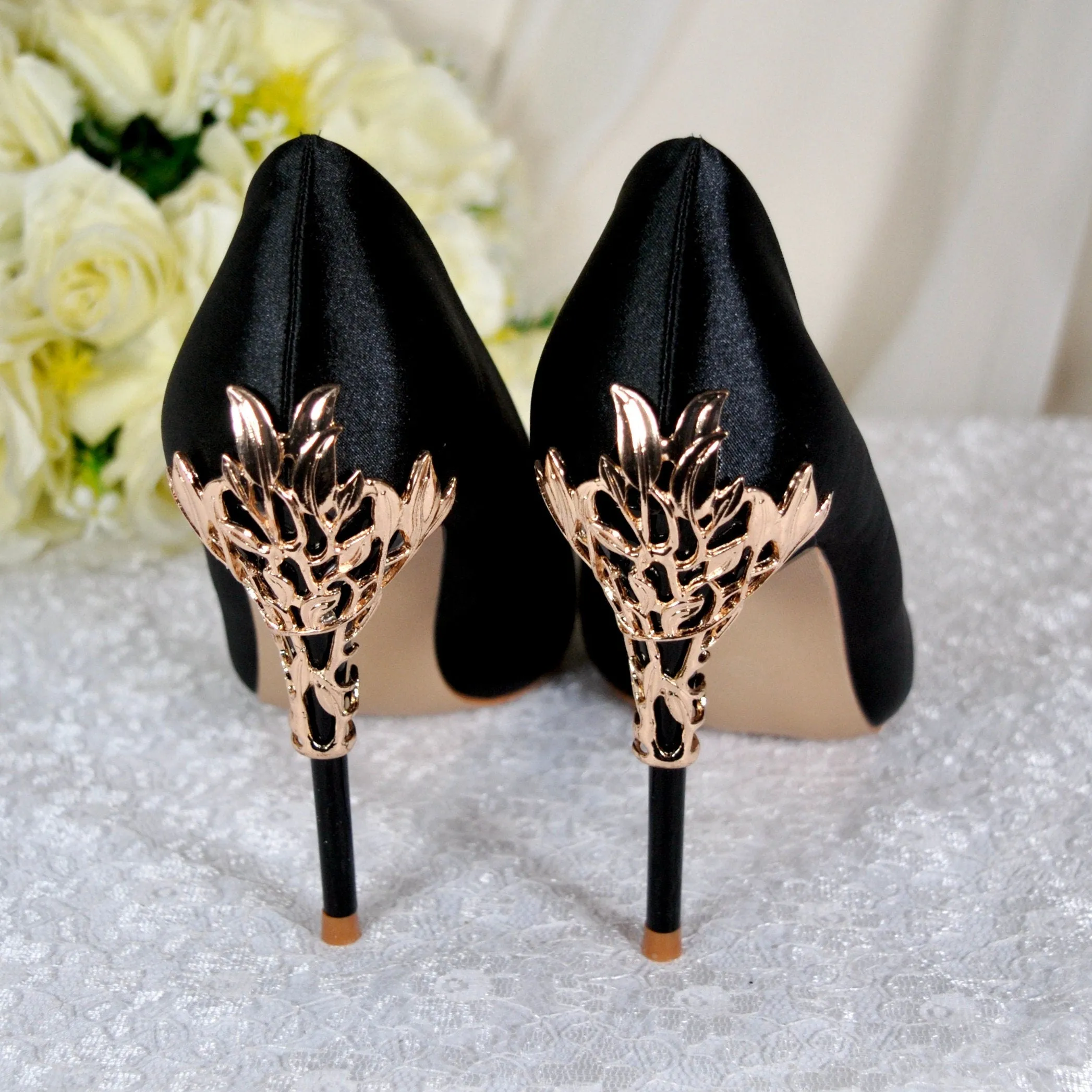 Black Satin Heels with Gold Leaf Details