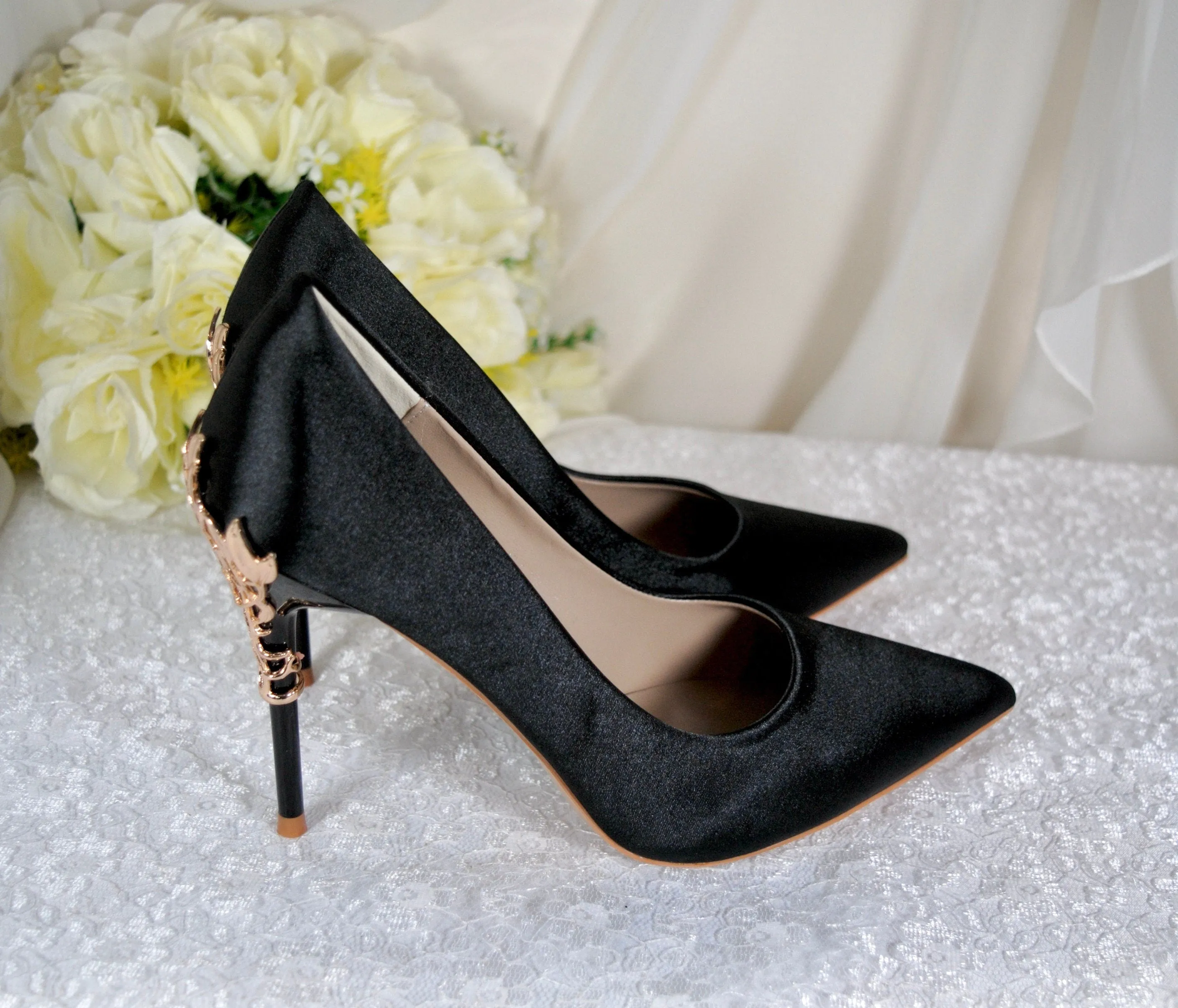 Black Satin Heels with Gold Leaf Details