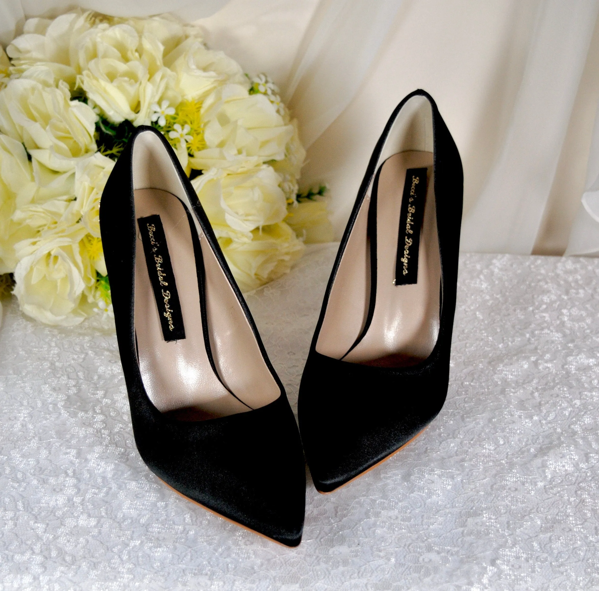 Black Satin Heels with Gold Leaf Details