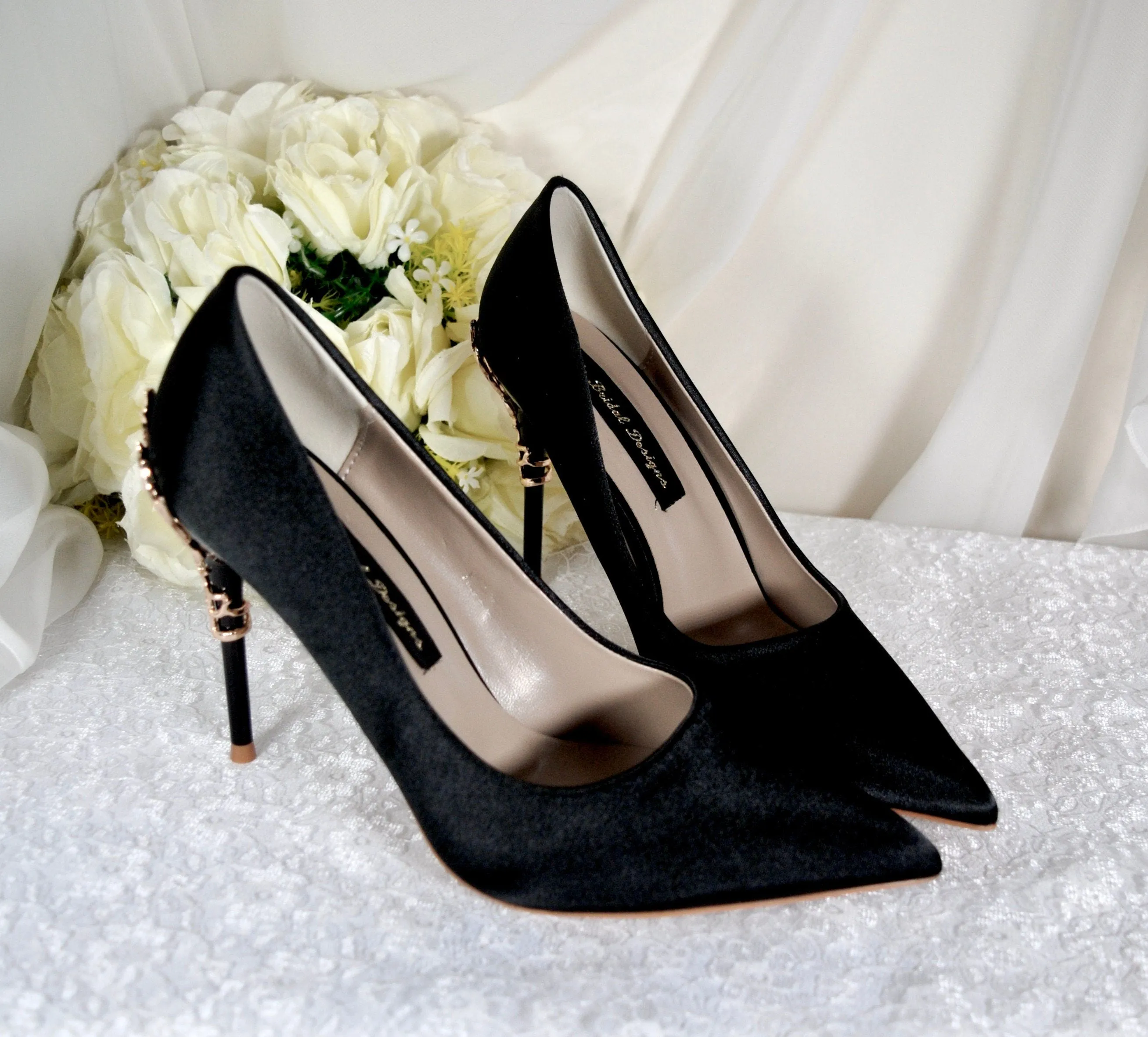 Black Satin Heels with Gold Leaf Details