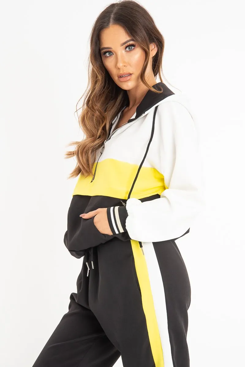 Black Yellow Zip Front Drawstring Hoodie and Jogger Set - Evon