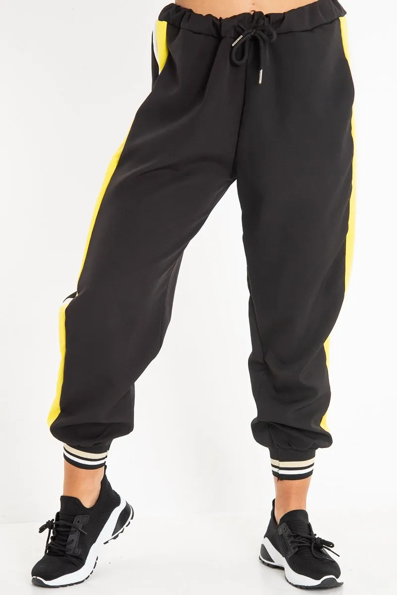 Black Yellow Zip Front Drawstring Hoodie and Jogger Set - Evon