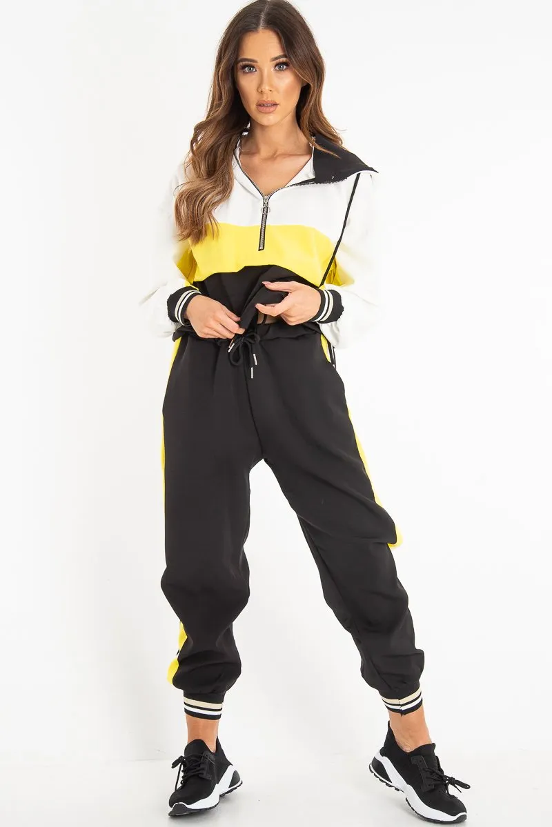 Black Yellow Zip Front Drawstring Hoodie and Jogger Set - Evon