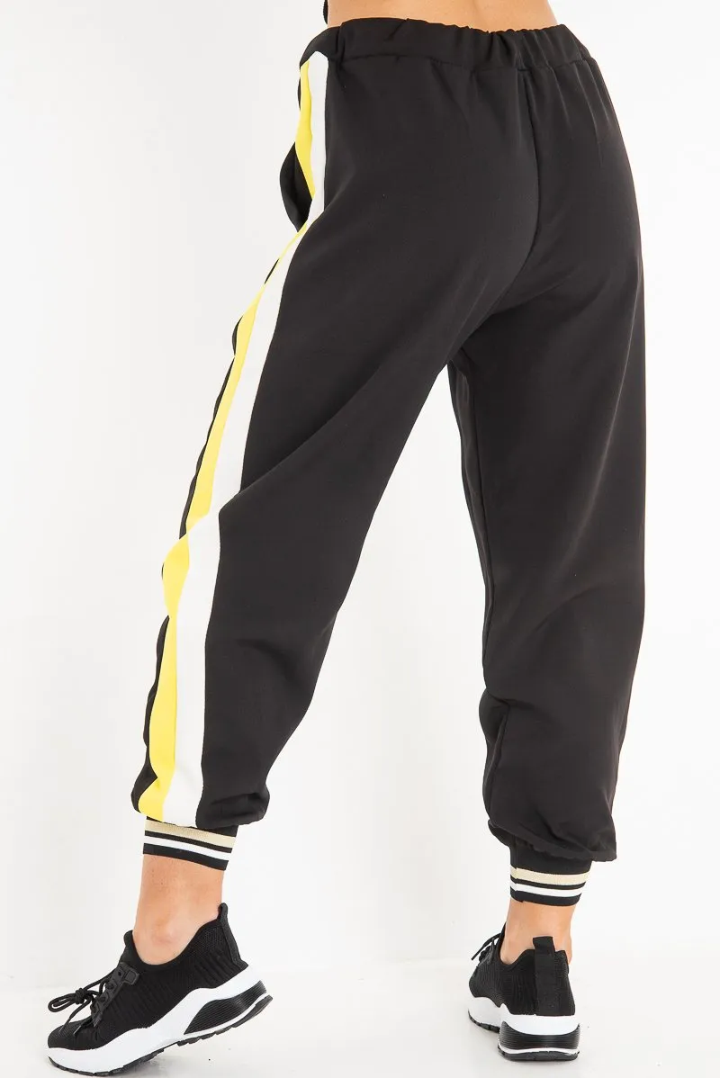 Black Yellow Zip Front Drawstring Hoodie and Jogger Set - Evon