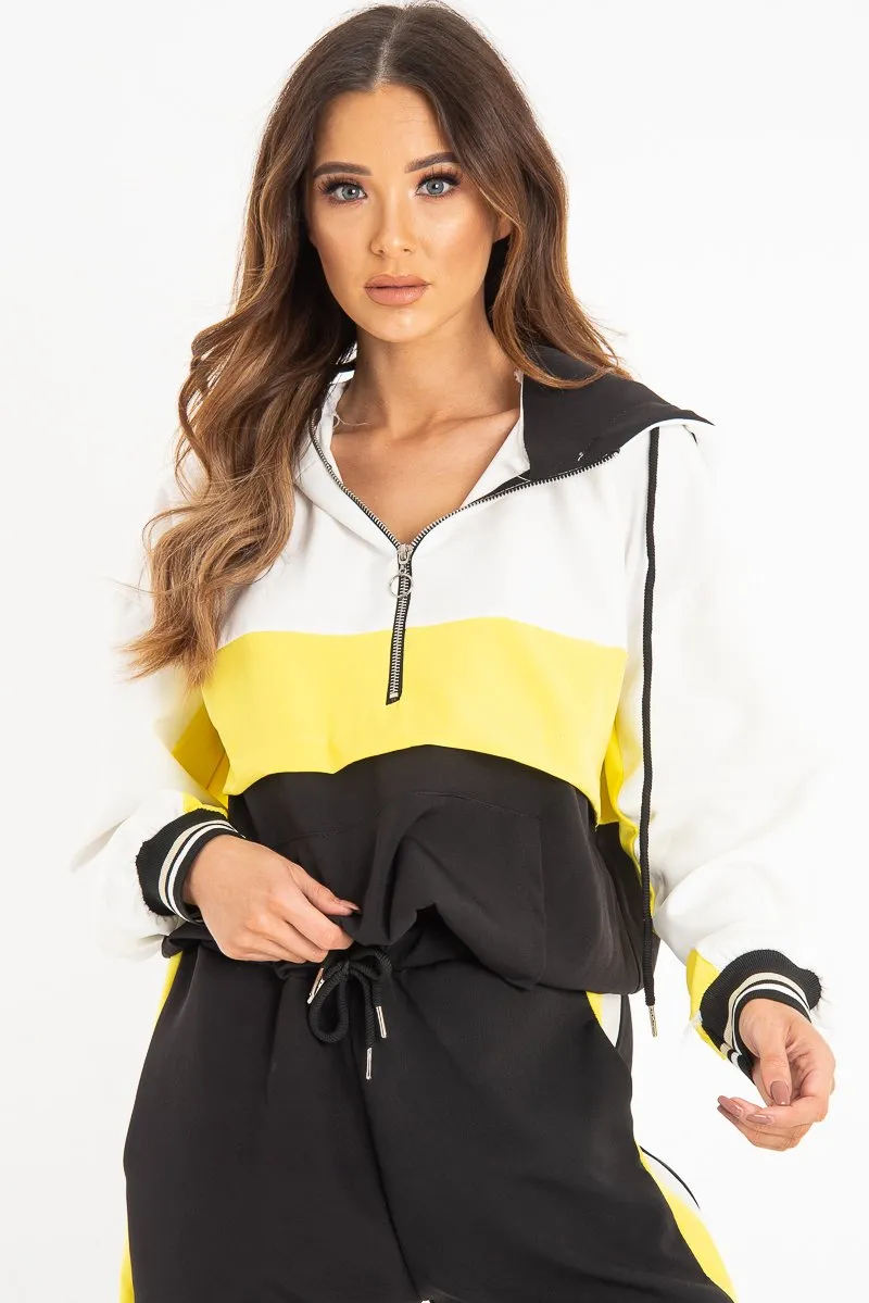 Black Yellow Zip Front Drawstring Hoodie and Jogger Set - Evon