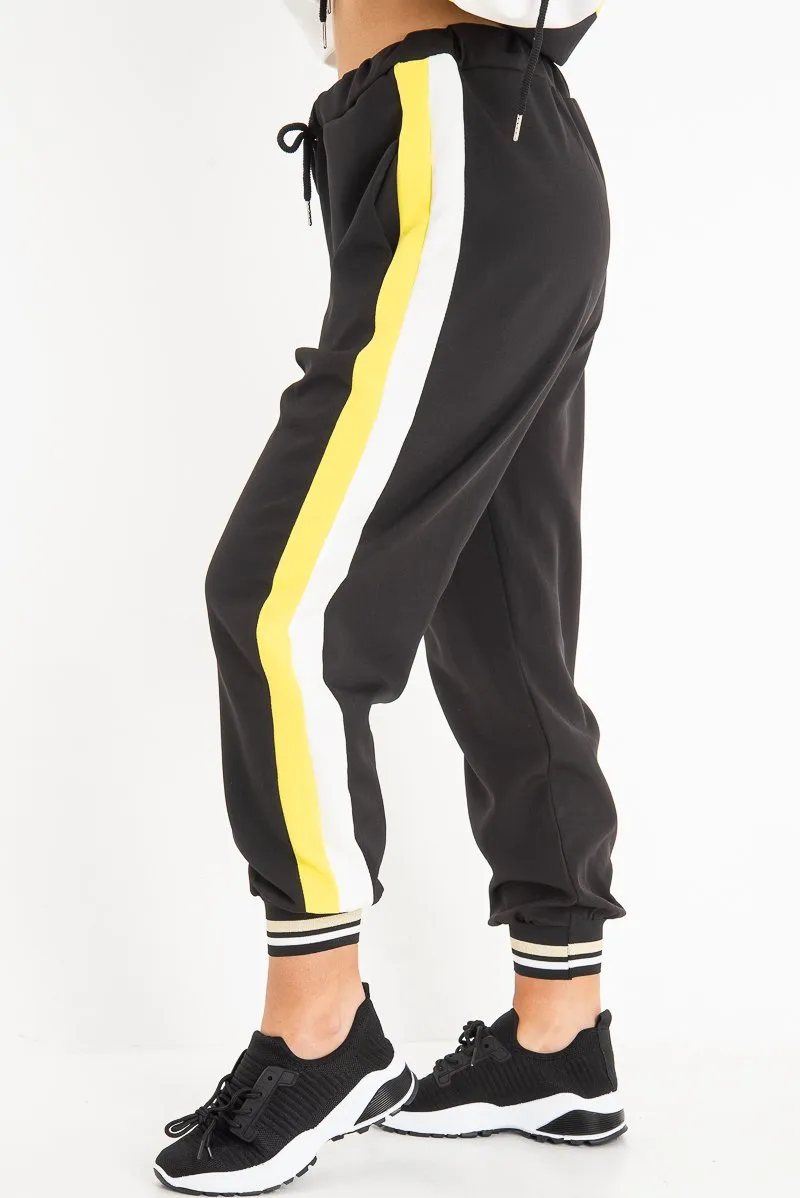 Black Yellow Zip Front Drawstring Hoodie and Jogger Set - Evon