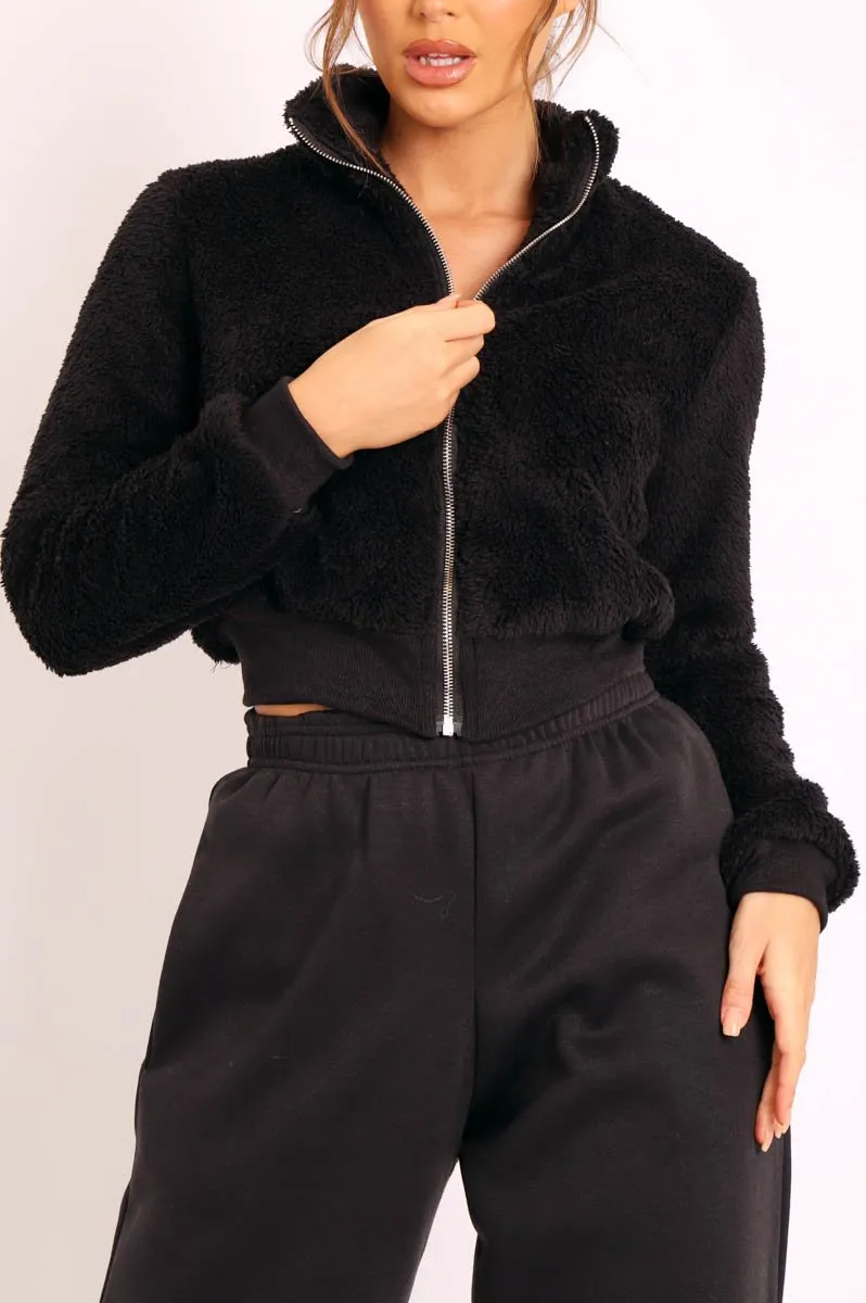 Black Zip Front Faux Fur Crop Jacket - Perri