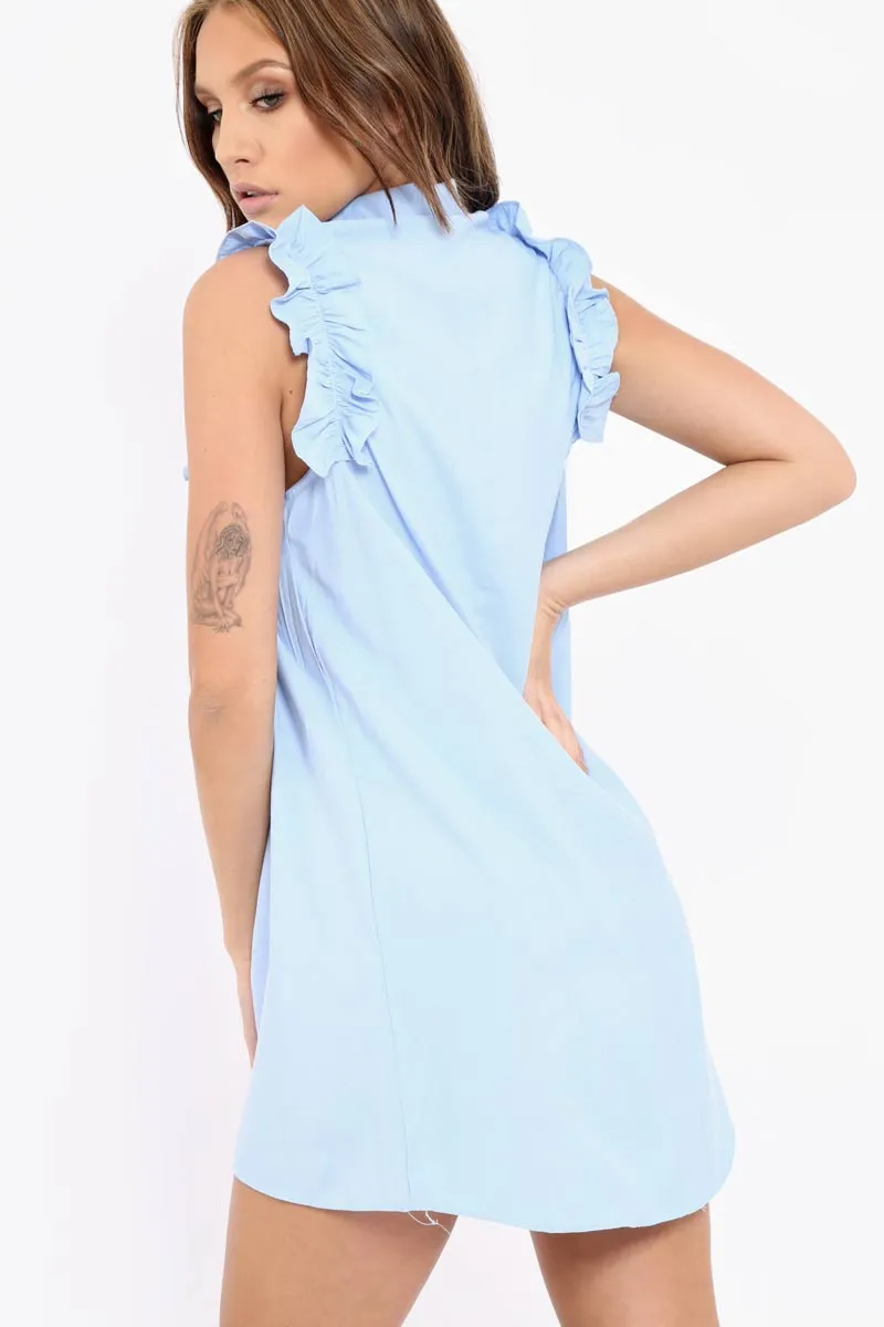 Blue Frill Sleeve Dip Hem Shirt Dress - Camilie