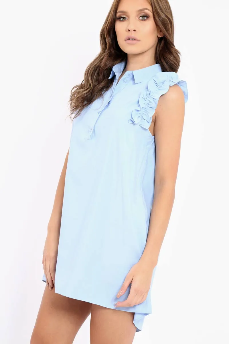 Blue Frill Sleeve Dip Hem Shirt Dress - Camilie