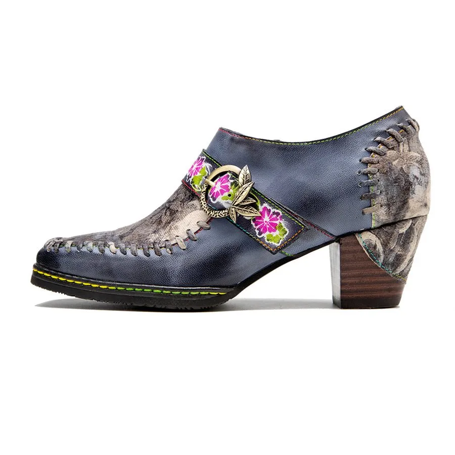 Embroidered Retro Chic Buckle Strap Heeled Shoes