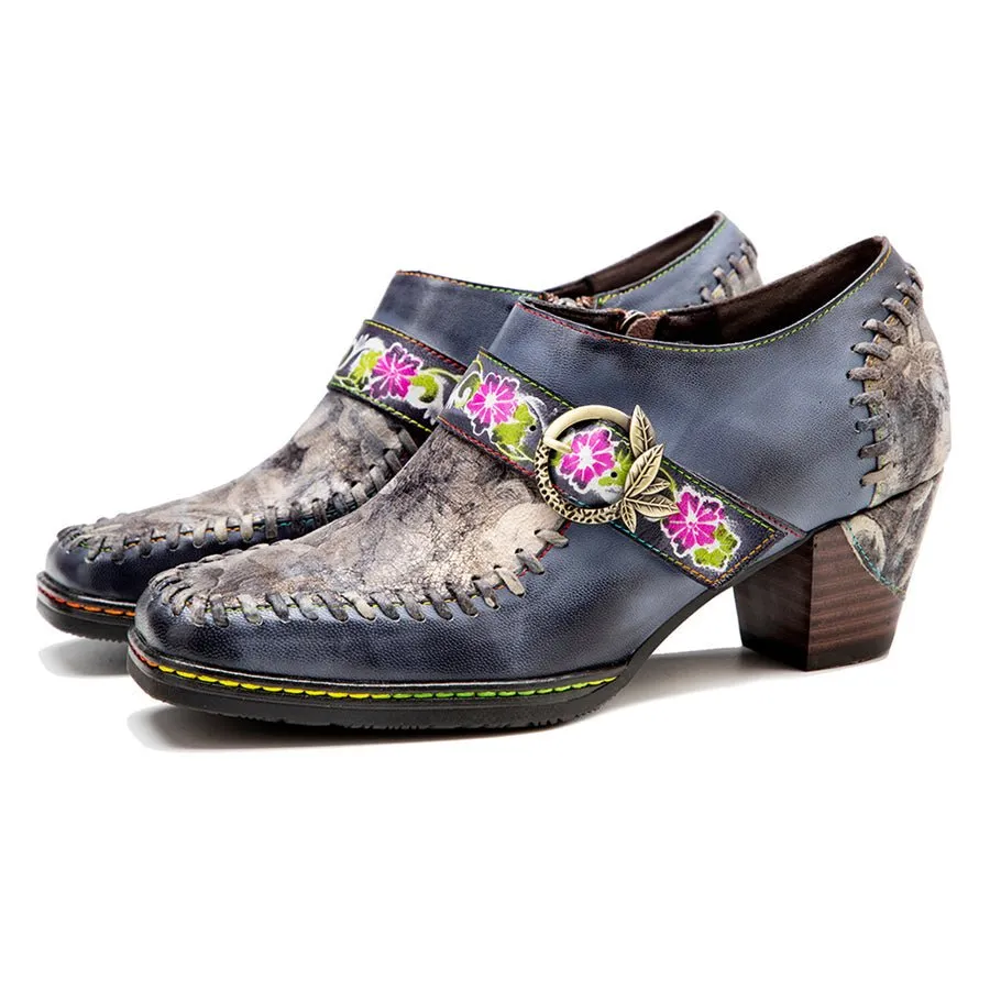 Embroidered Retro Chic Buckle Strap Heeled Shoes