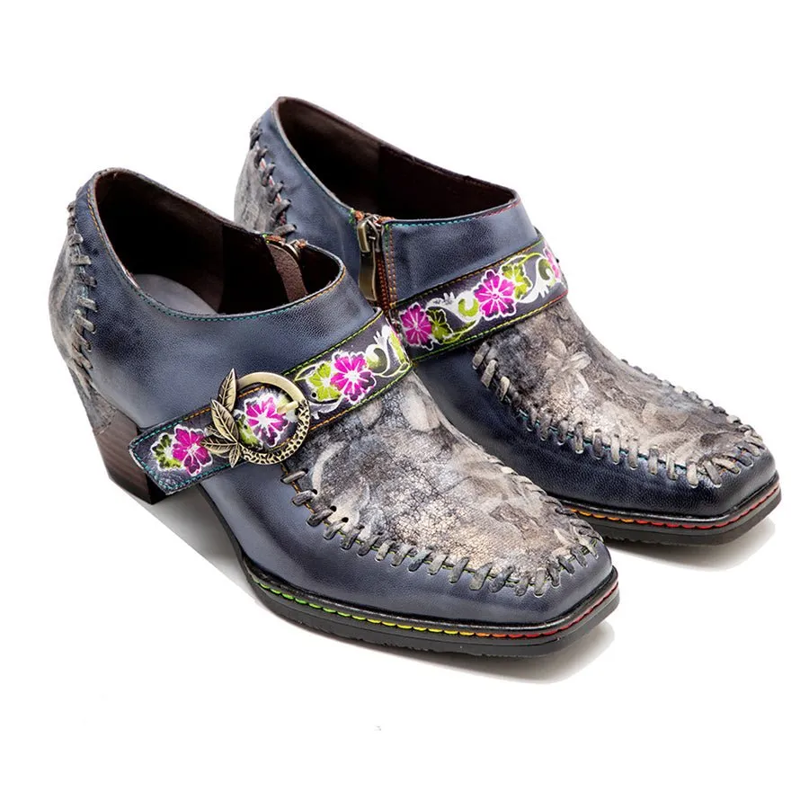 Embroidered Retro Chic Buckle Strap Heeled Shoes