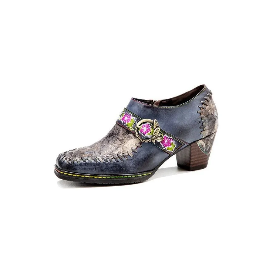 Embroidered Retro Chic Buckle Strap Heeled Shoes