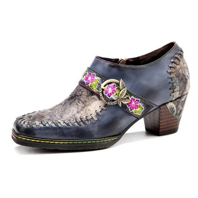 Embroidered Retro Chic Buckle Strap Heeled Shoes