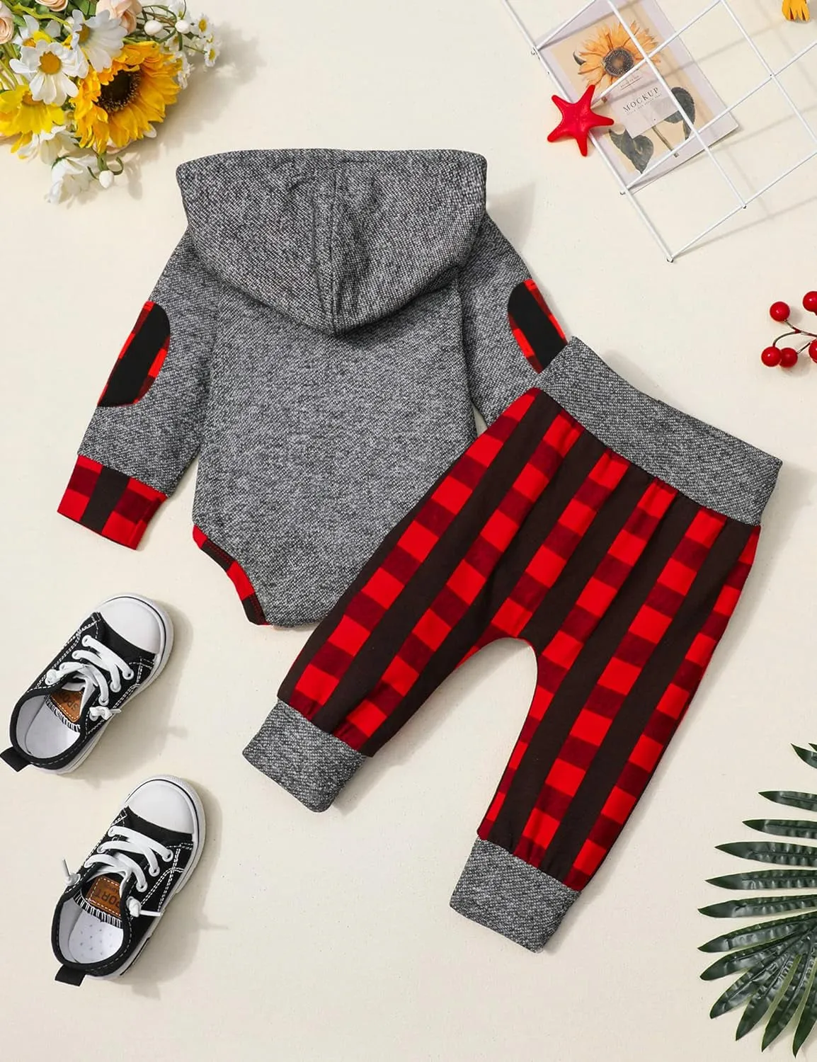 Fommy Newborn Baby Boy Clothes Plaid Letter Print Long Sleeve Hoodies   Long Pants 2PCS Fall Winter Outfits Set