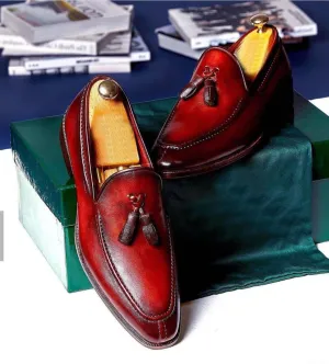 Handmade Red Leather Casual Tussles Loafers Men's Shoes