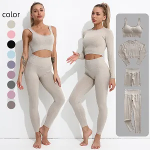 Hzori Long Sleeve Yoga Wear Seamless Tight Fitness Suit Women's Slim-Fit Rib Hip-Lifting Running Sportswear