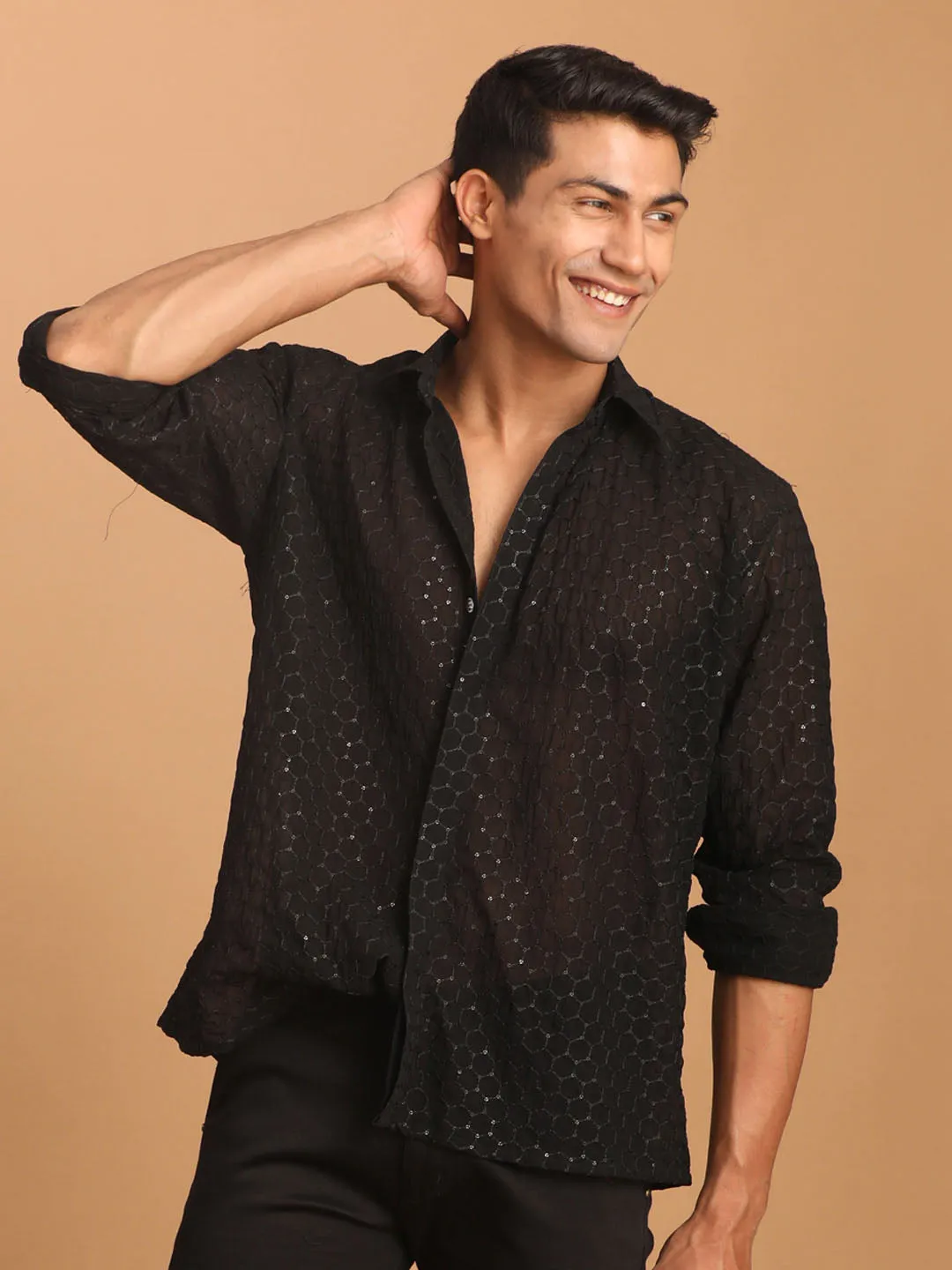 Jashvi Men's Black Fancy Sequined Shirt