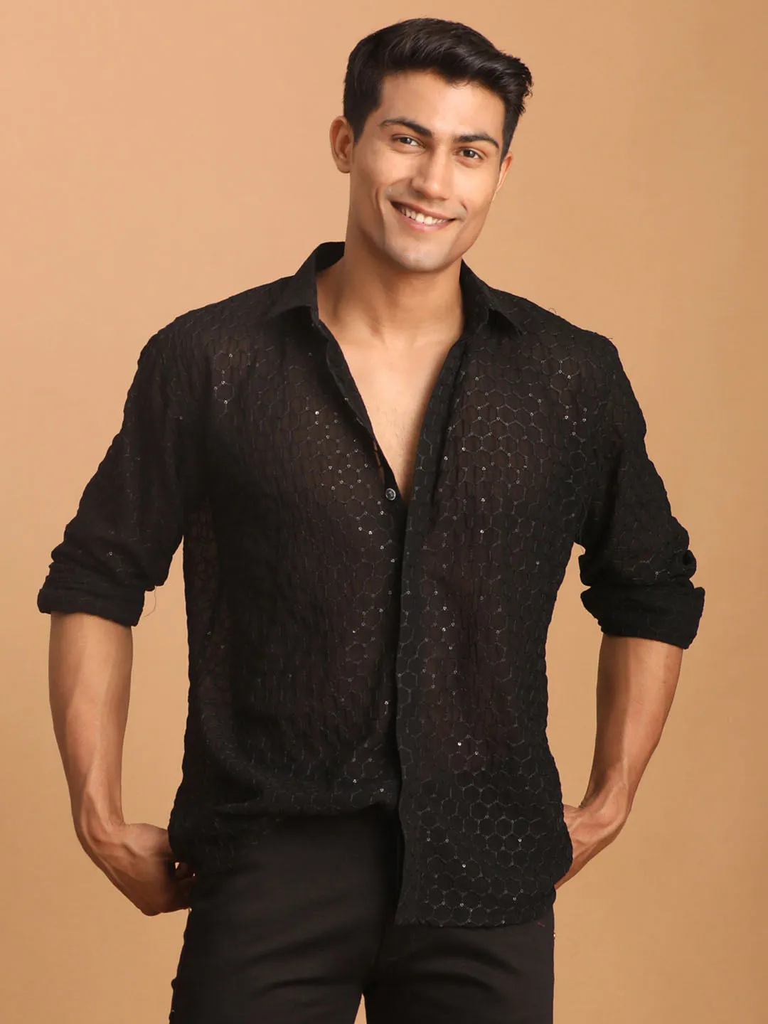 Jashvi Men's Black Fancy Sequined Shirt