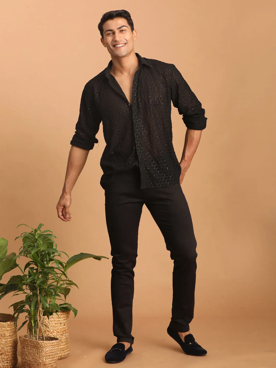 Jashvi Men's Black Fancy Sequined Shirt