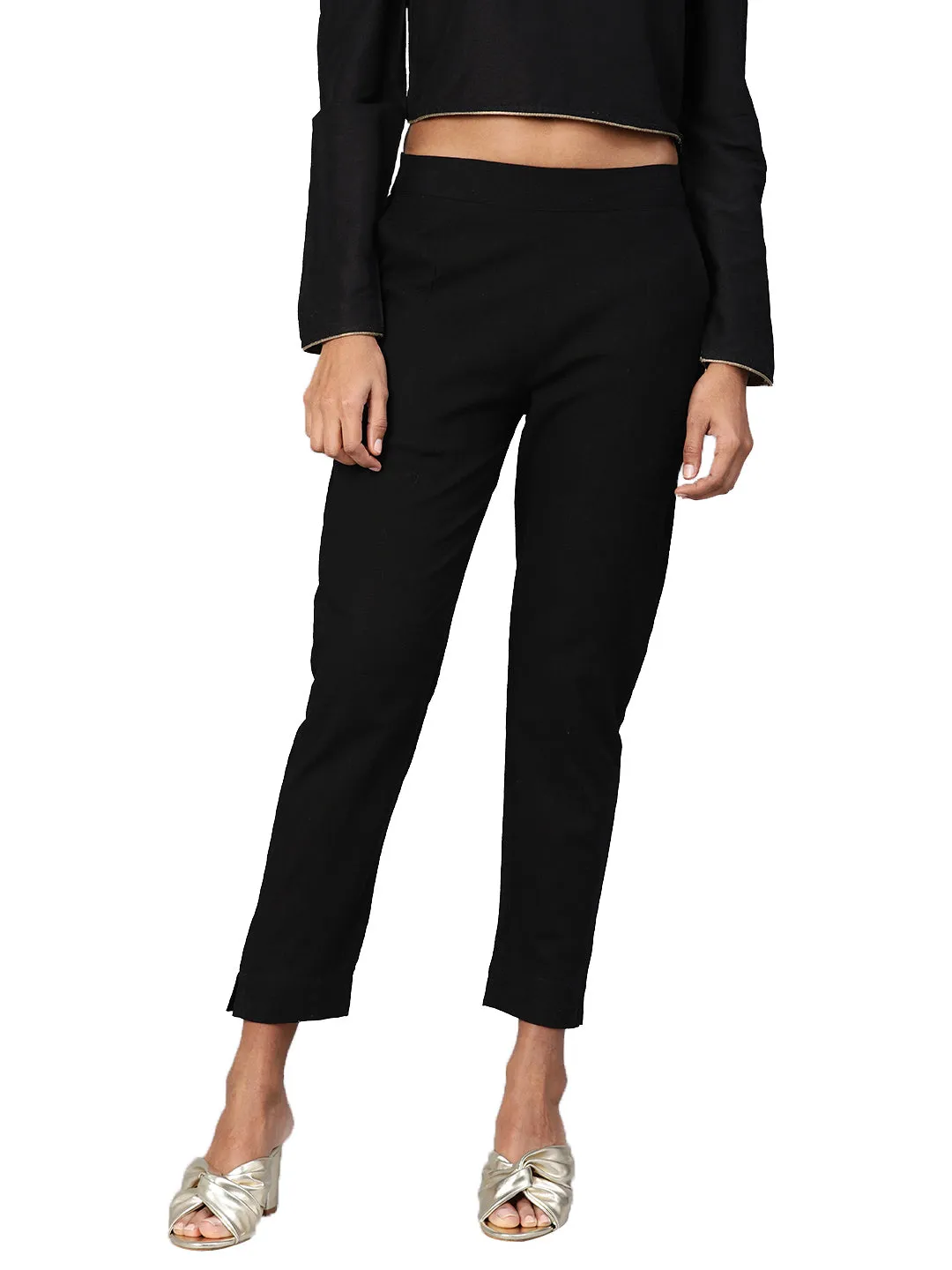 Jashvi Women Black Straight Fit Solid Regular Trousers