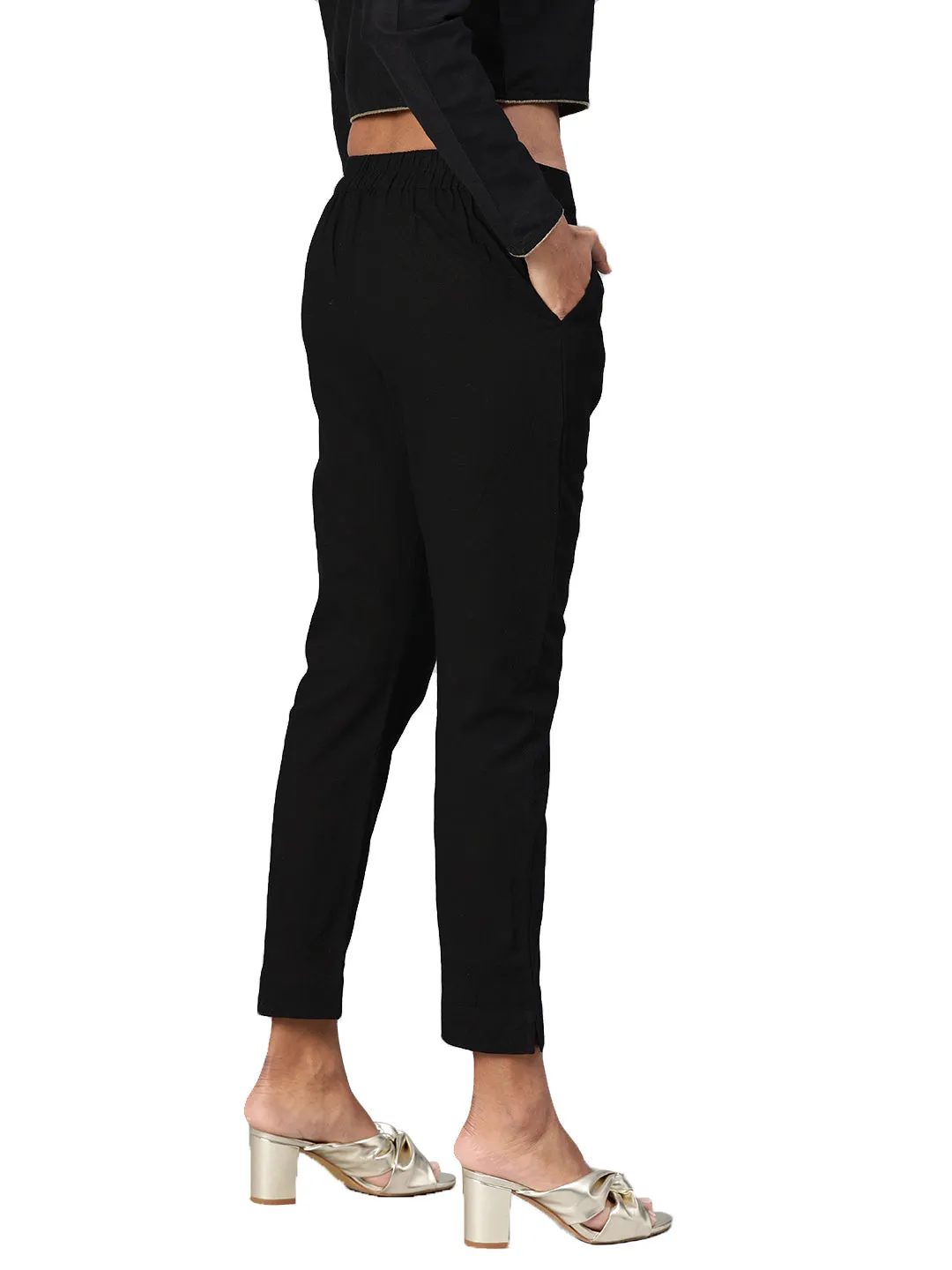 Jashvi Women Black Straight Fit Solid Regular Trousers