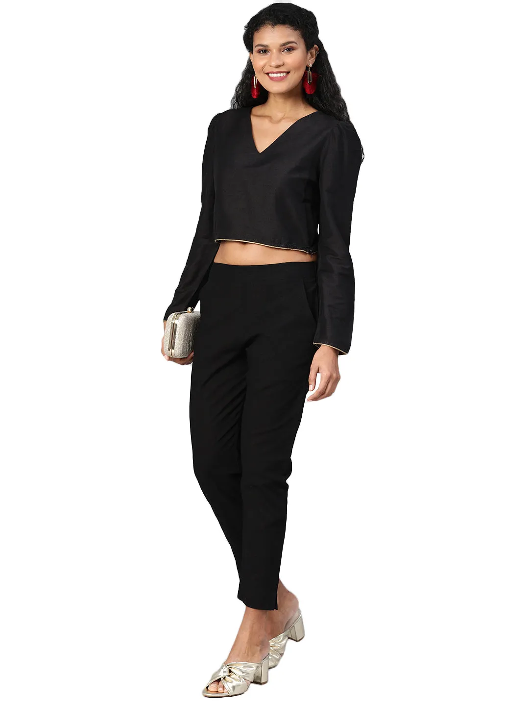 Jashvi Women Black Straight Fit Solid Regular Trousers