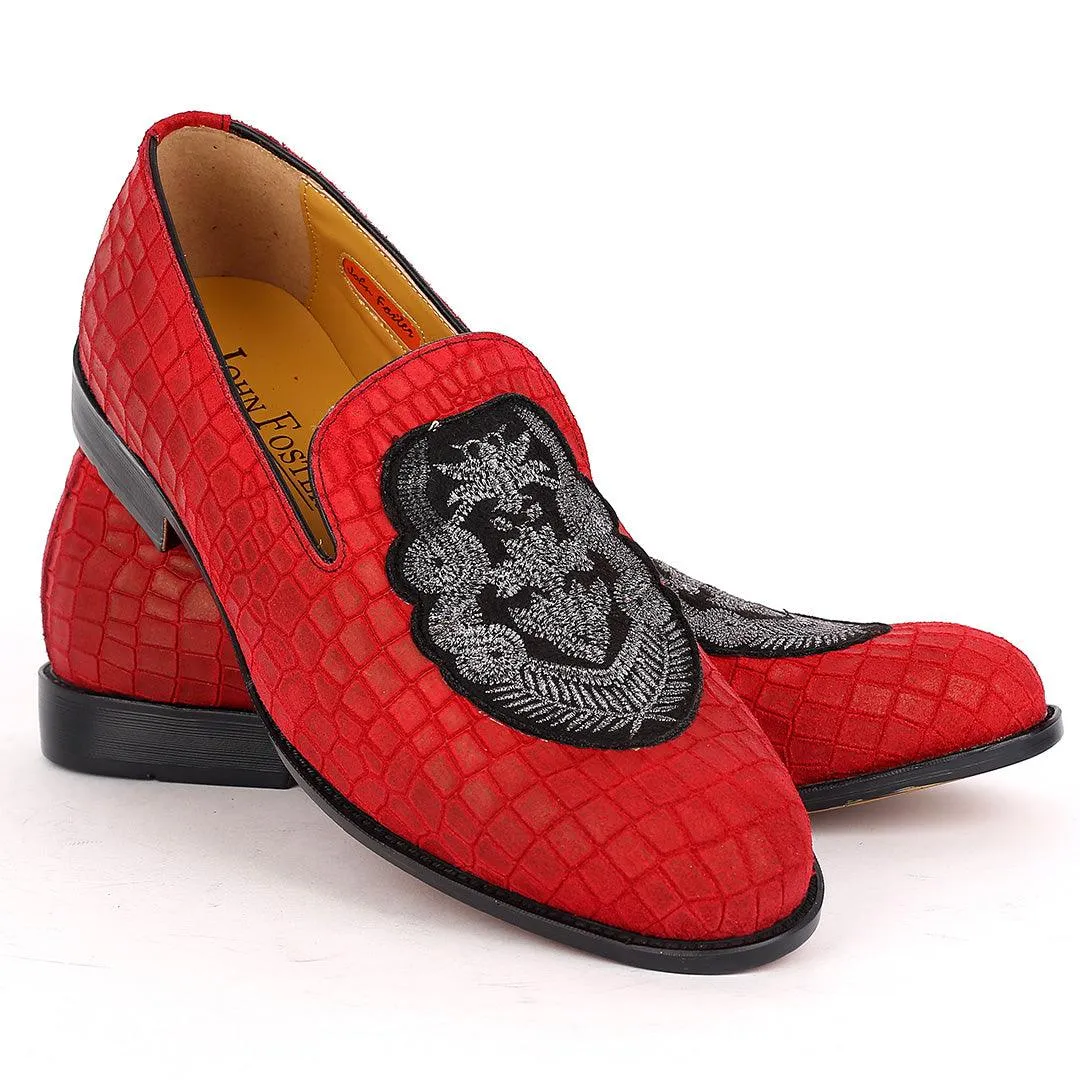 John Foster Red Crocodile Leather Crown Monogram Front Designed Shoes