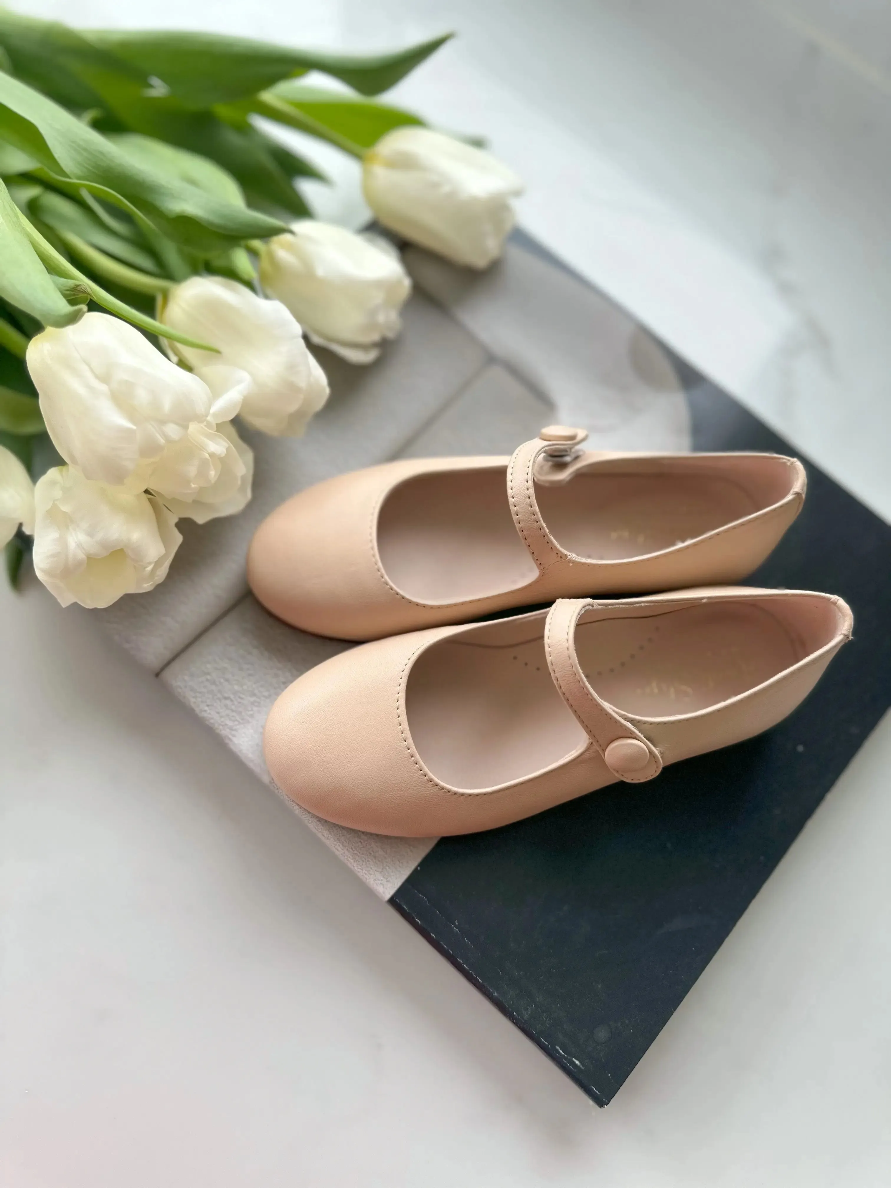 London- Beige Leather Mary Jane Shoes