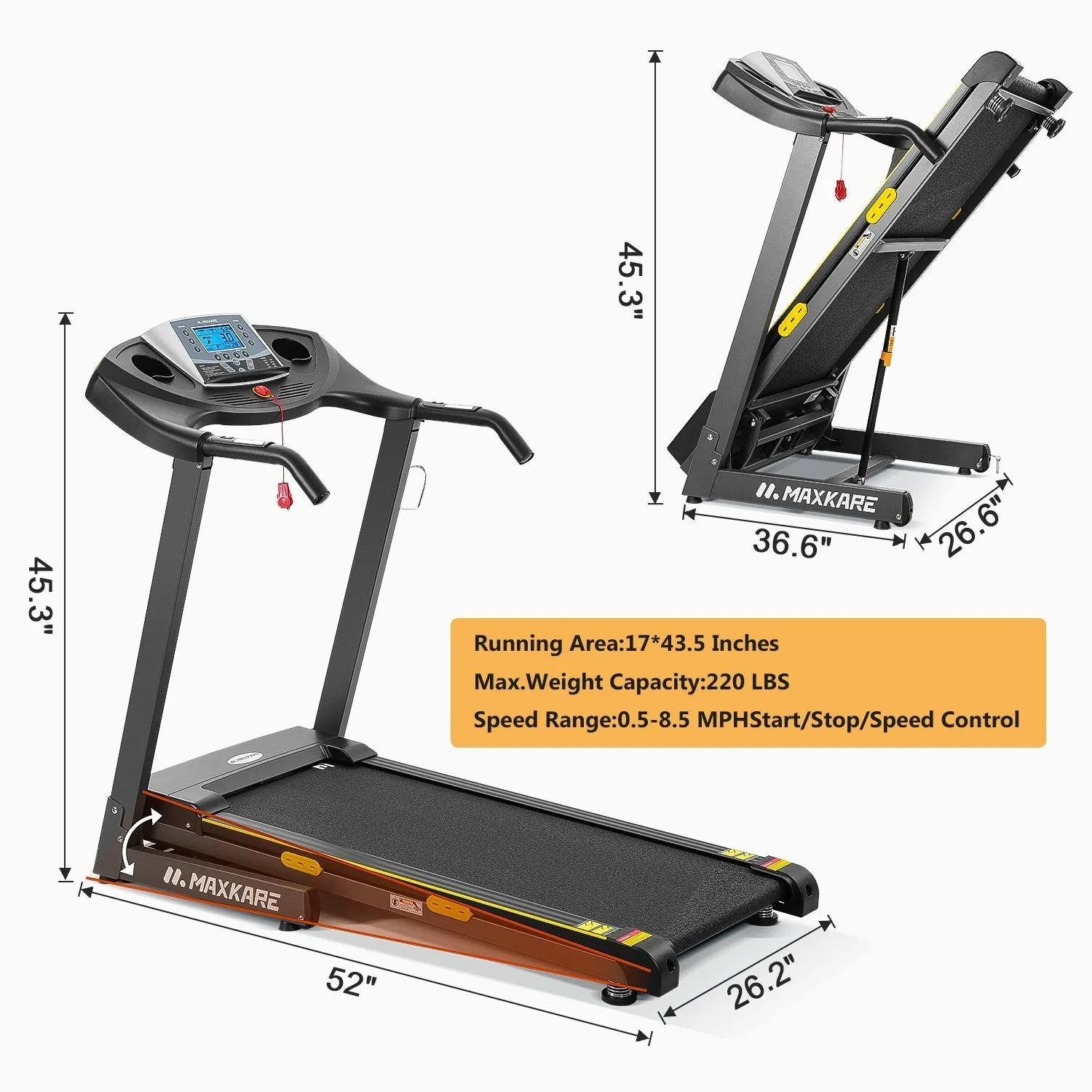 MaxKare Treadmill Auto Incline Folding Treadmill for Home with 12-Level Adjustment,15 Preset Training Programs on Large LCD Display and 2.5HP Power 8.5MHP Max Speed for Office Workout