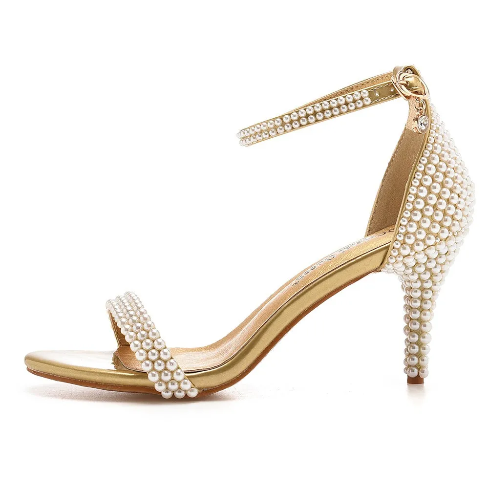 Open Toe Pearl Ankle Strap Wedding High Heel