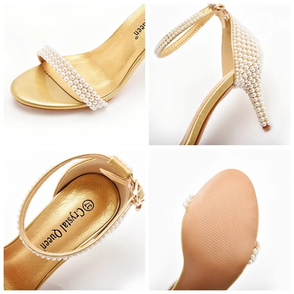 Open Toe Pearl Ankle Strap Wedding High Heel