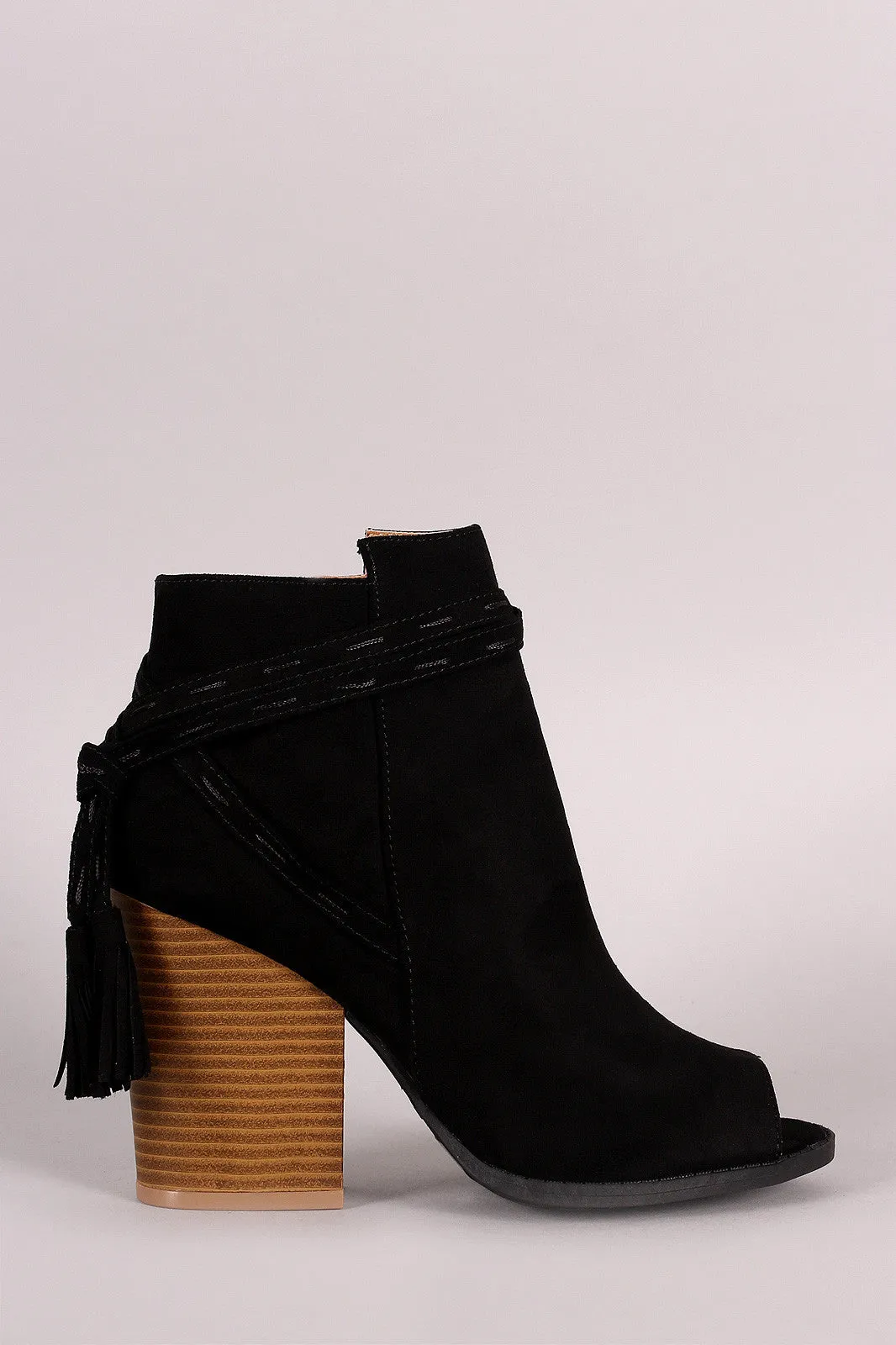 Qupid Open Toe Chunky Heel Tassel Booties