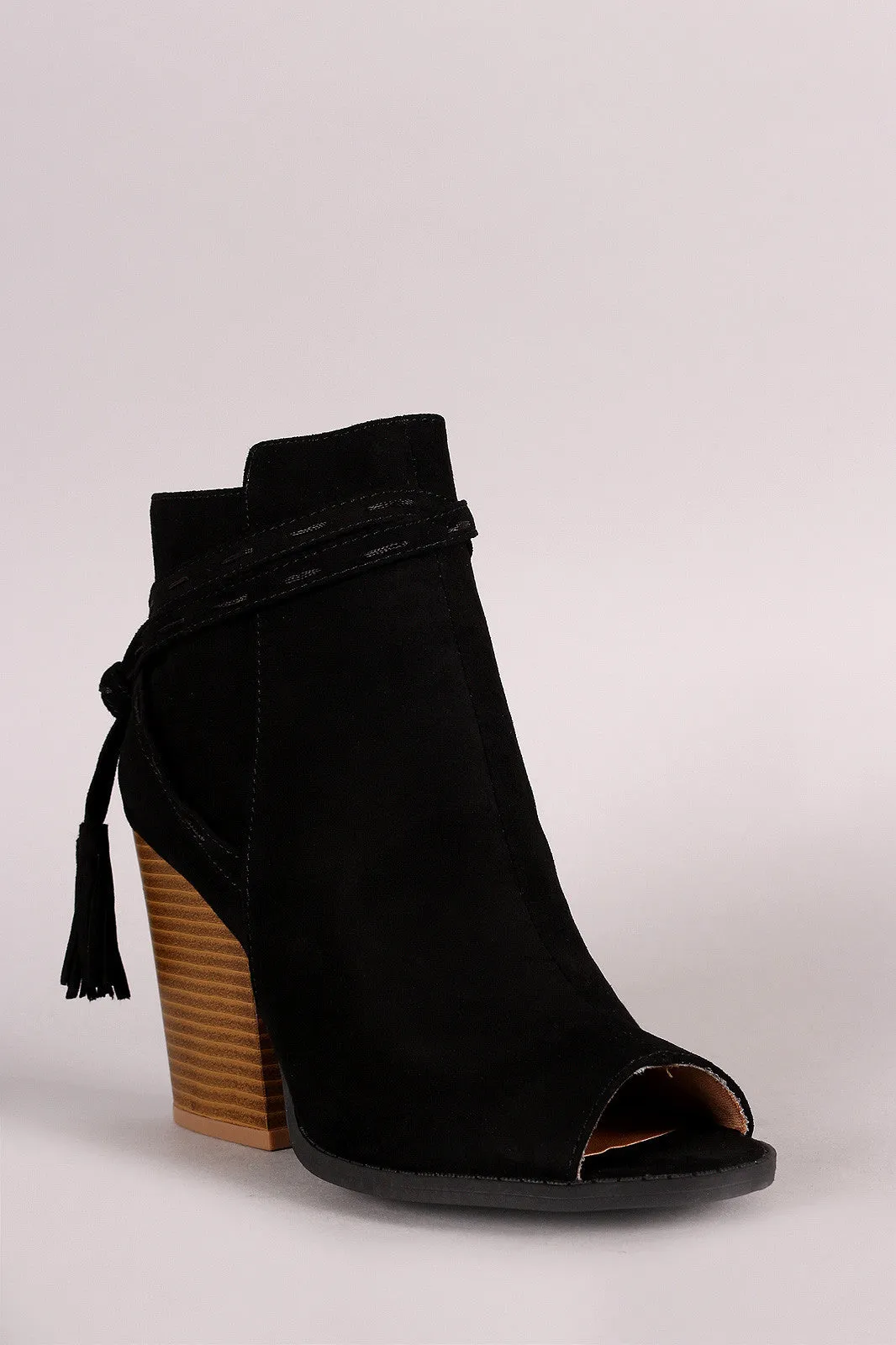 Qupid Open Toe Chunky Heel Tassel Booties