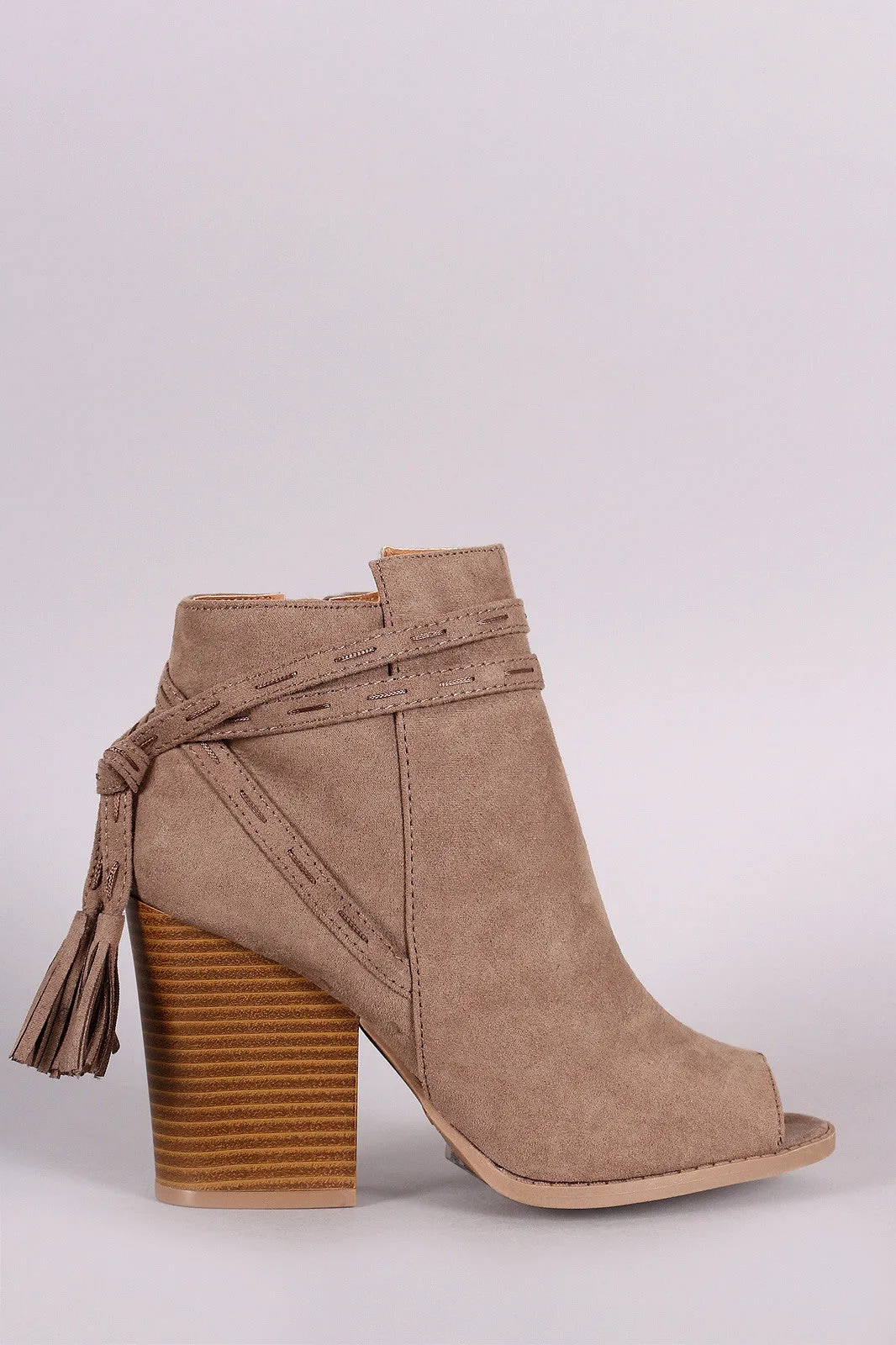 Qupid Open Toe Chunky Heel Tassel Booties