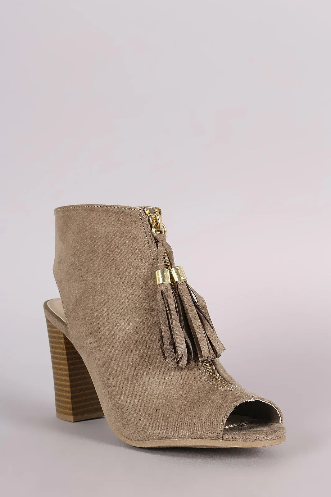 Qupid Tassel Front Zip-Up Chunky Heeled Mule Booties