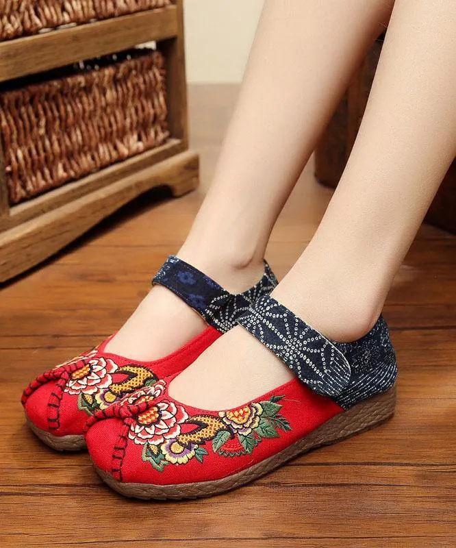 Red Cotton Embroideried Fabric Flat Shoes For Women Splicing Flats