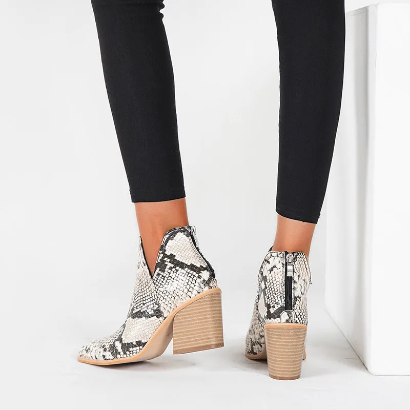 Slip on Cutout Pointed Toe Chunky Stacked Ankle Boot Chunky Heeled Boots